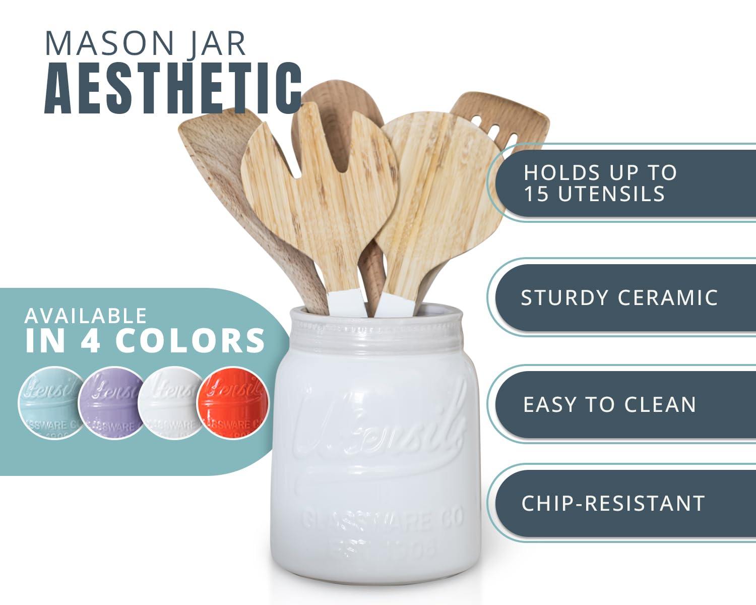 Comfify Wide Mouth Mason Jar Utensil Holder Decorative Kitchenware Organizer Crock, Chip Resistant Ceramic For Countertop - Perf