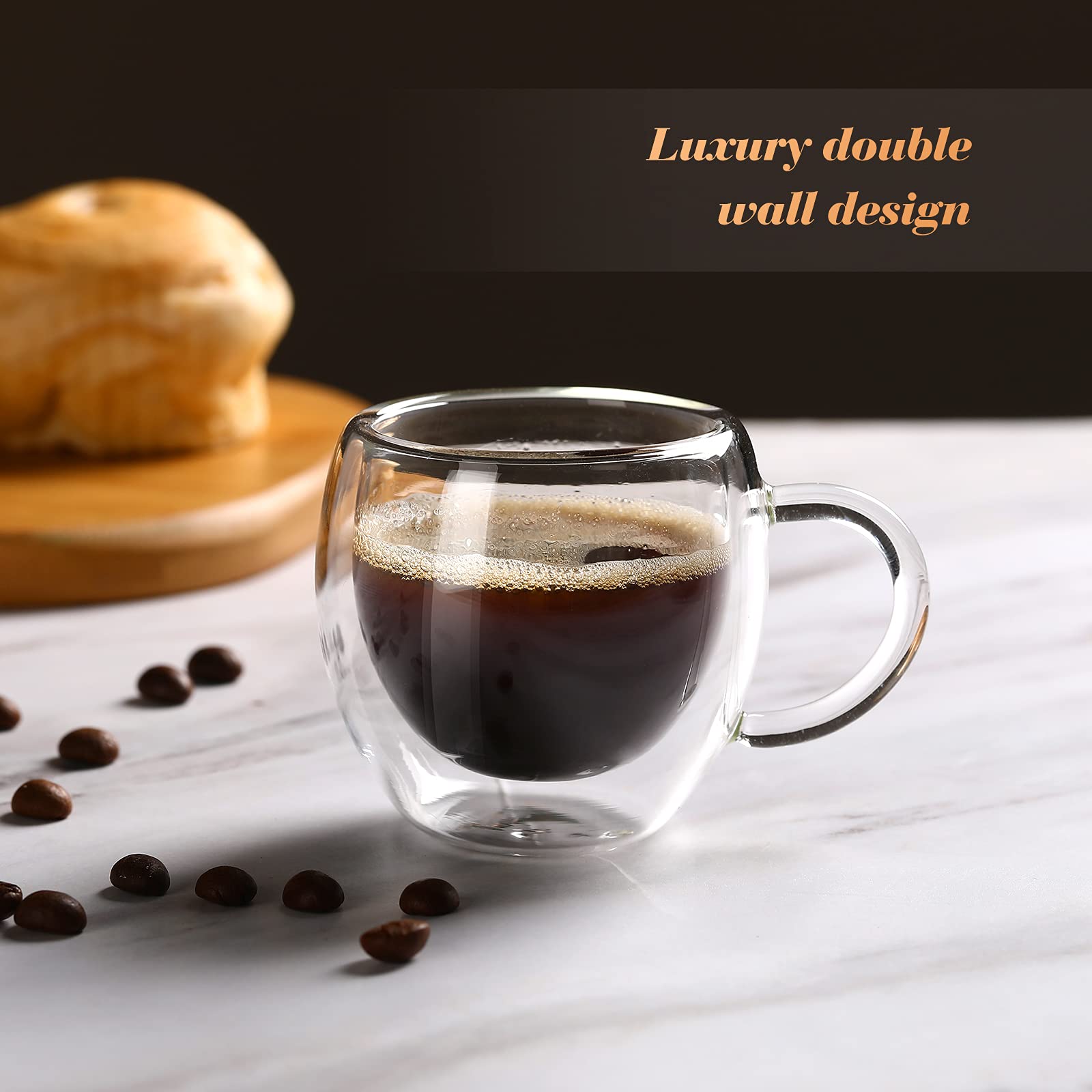 Espresso Cups Set Of 2 With Handle,2.5Oz Clear Expresso Shots Cup,Espresso Shot Glasses,Double Wall Insulated Espresso Mugs,Taza