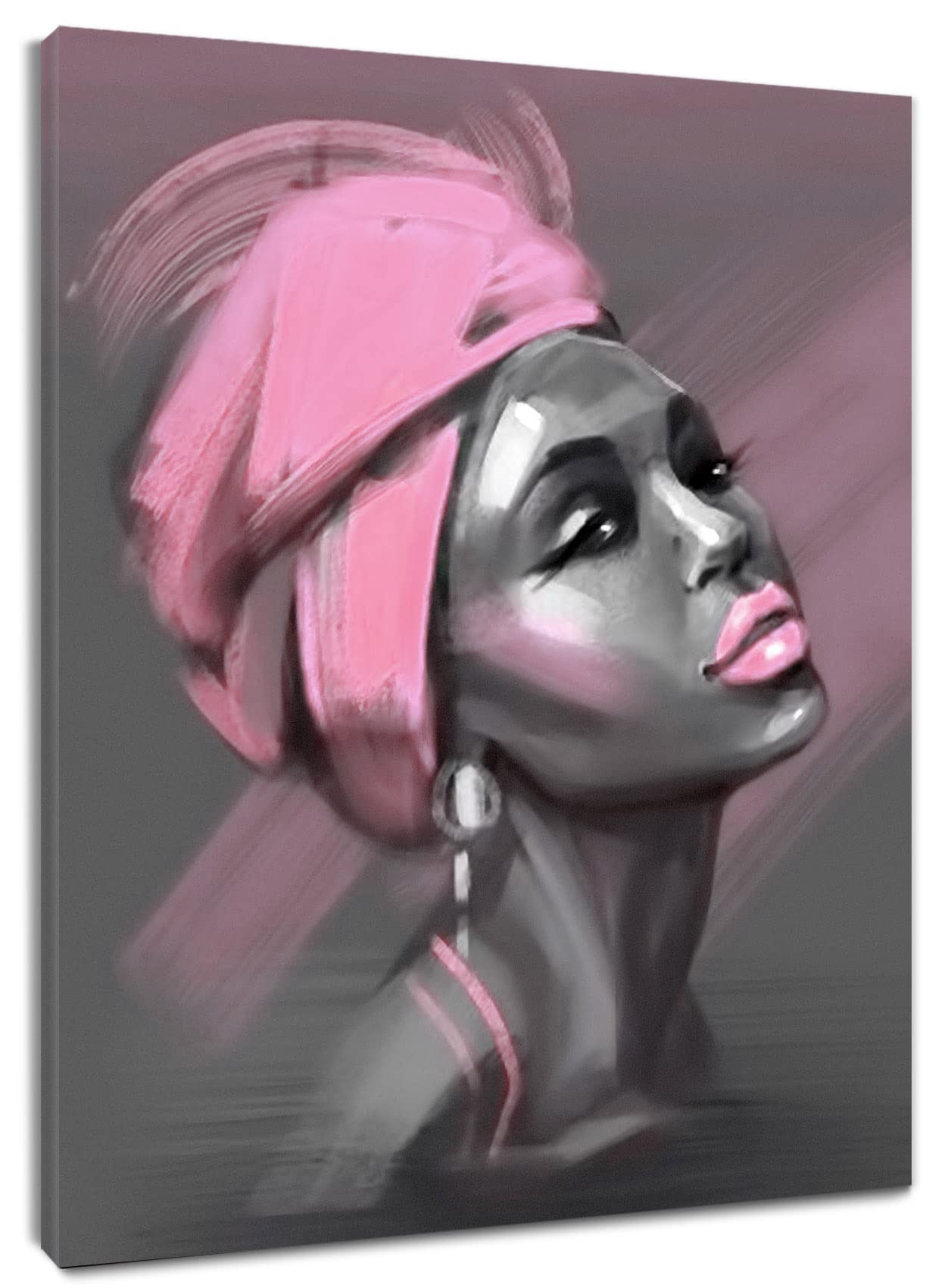 Lb African American Women Canvas Wall Art, Beauty Black Woman Pink Hair Canvas Art, Abstract Minimalist Painting Wall Decor For