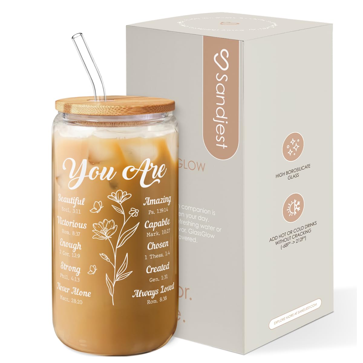Christian Gifts for Women - Inspirational 16 Oz Can Glass Coffee Cup with Bamboo Lid & Straw - Religious Motivational Catholic G