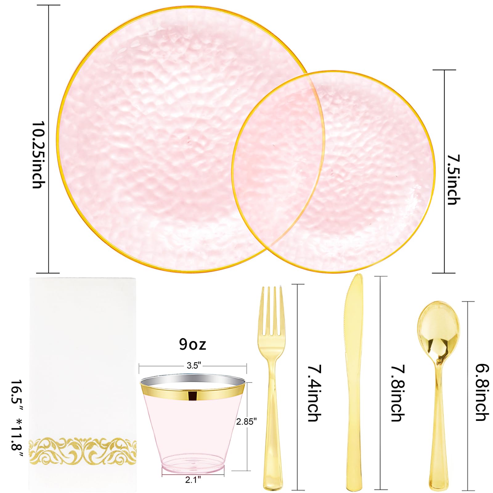 Rubtlamp 175 Pcs Pink Plastic Plates Dinnerware Set (25 Guests), Pink Disposable Plates With Gold Rim, Hammered Party Plates Set