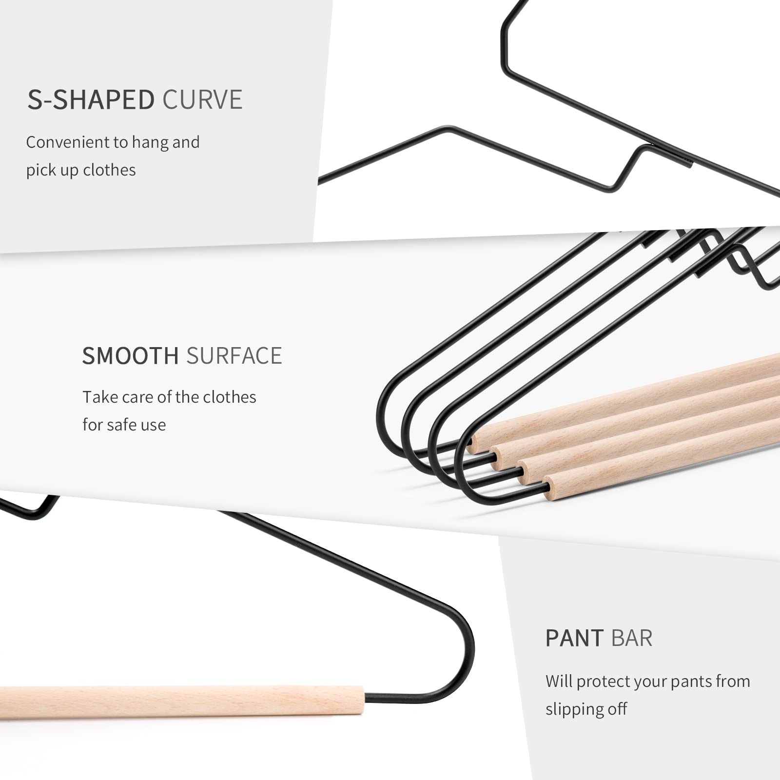 Nature Smile Premium Black Matt Metal Suit Clothes Hanger 10 Pack With A Smooth Beech Wood Pants Bar,Unique Coat Hanger Dress Ha