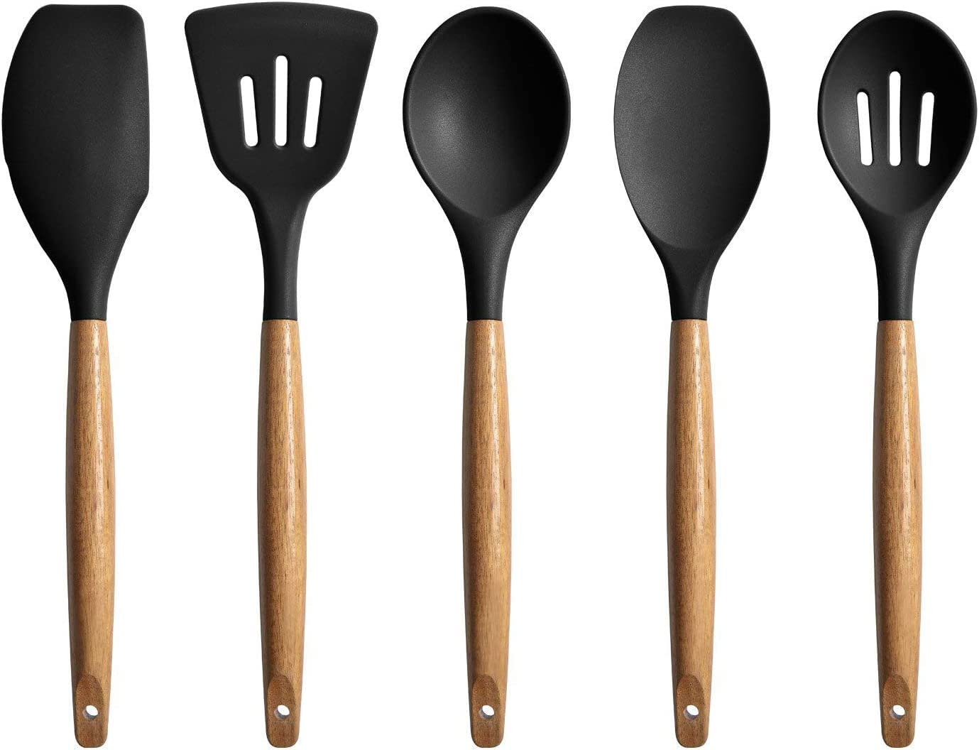 Woodtula 5Piece Silicone Spatula Set With Wooden Handle Kitchen Utensils Spatula Set  NonStick Cookware  Slotted Spatula (Bl