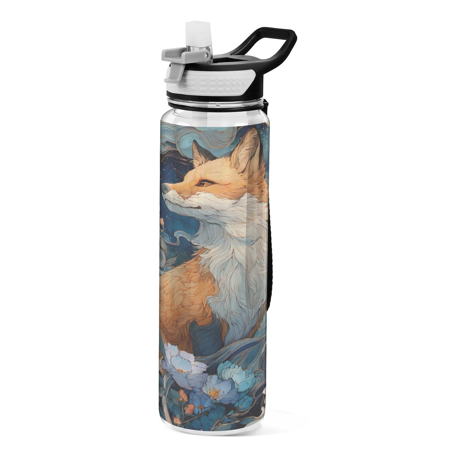 Xmycdz Fox Sport Water Bottle with Straw Lid Fox Illustration Bottles
