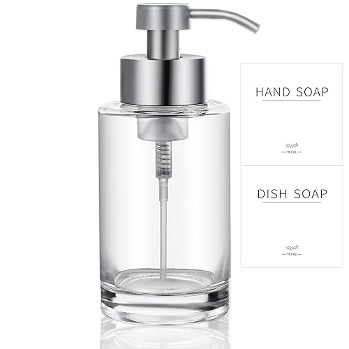 Foaming Soap Dispenser Set  17 Oz Clear Glass Hand Soap Dispenser with 304 Rust Proof Stainless Steel Pump  Waterproof Labels  for Bathroom Decor Kitchen College Dorm