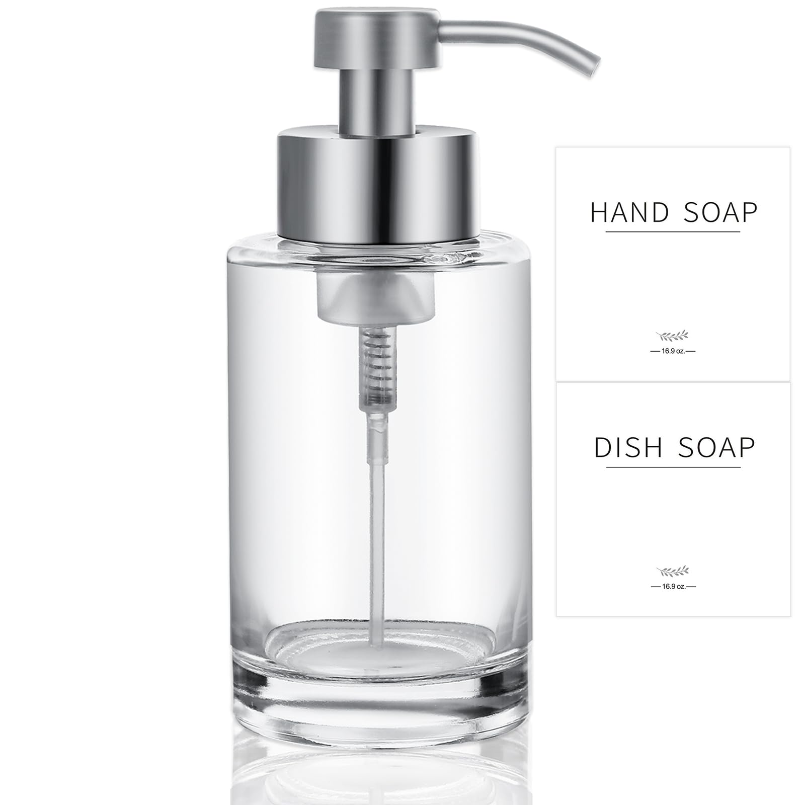 Foaming Soap Dispenser Set, 17 Oz Clear Glass Hand Soap Dispenser With 304 Rust Proof Stainless Steel Pump, Waterproof Labels, F