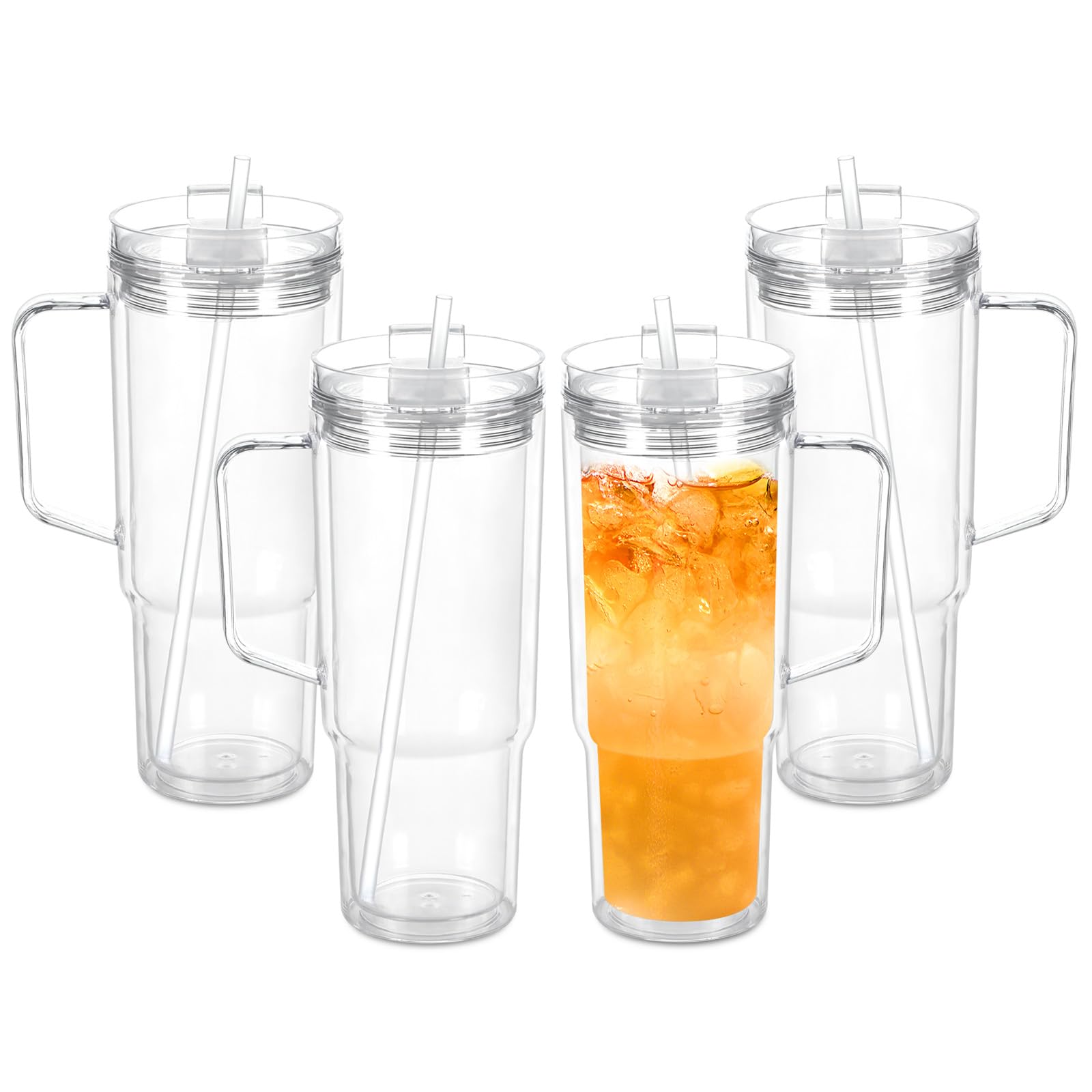 oaptuza 4 Pack 40 Oz Acrylic Tumbler with Handle, Double Wall Reusable Plastic Coffee Cups with Lids and Straws, BPA Free Clear 