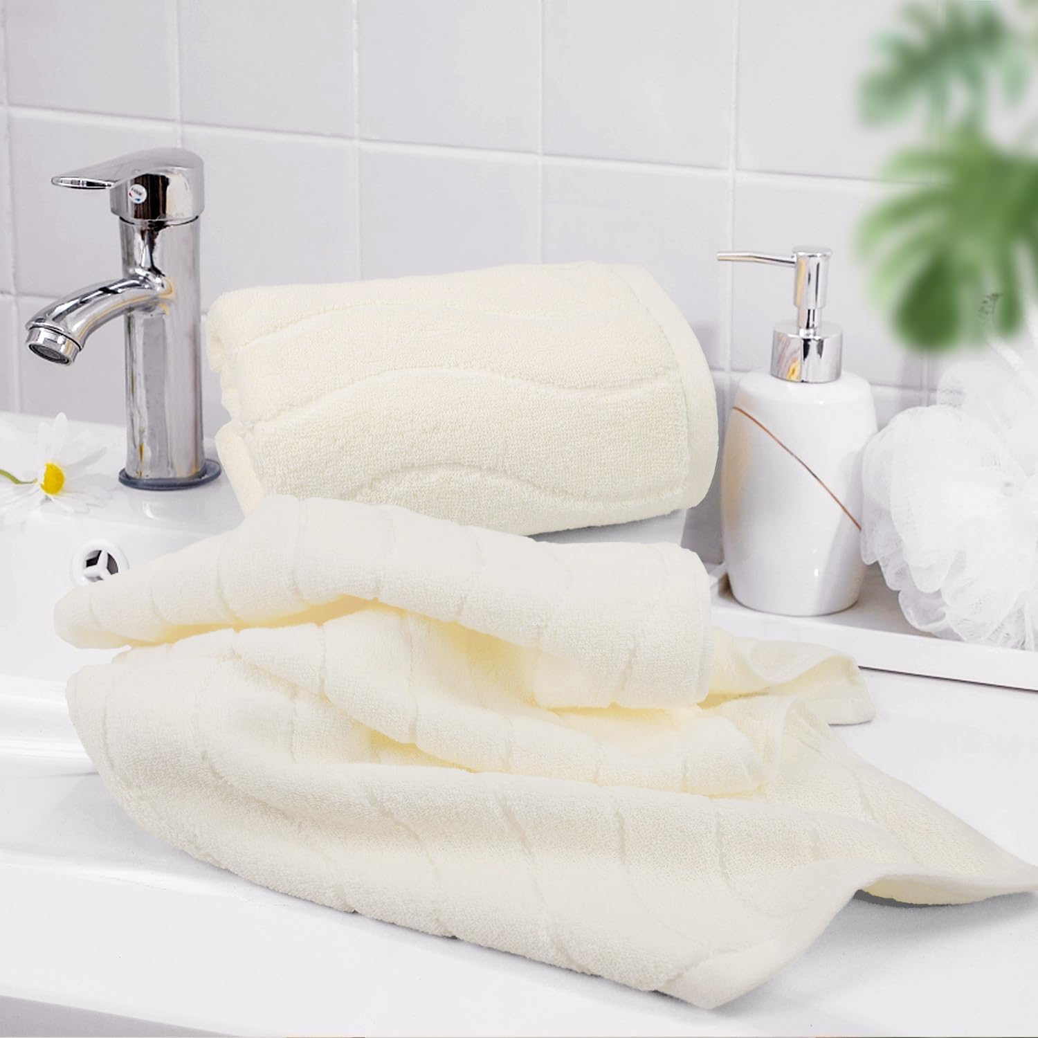 Pack Of 2 Quick Dry Hand Towels (13X29 Inches, Beige) - 100% Cotton Face Towels For Bathroom Hotel Spa, Wavy Striped Jacquard