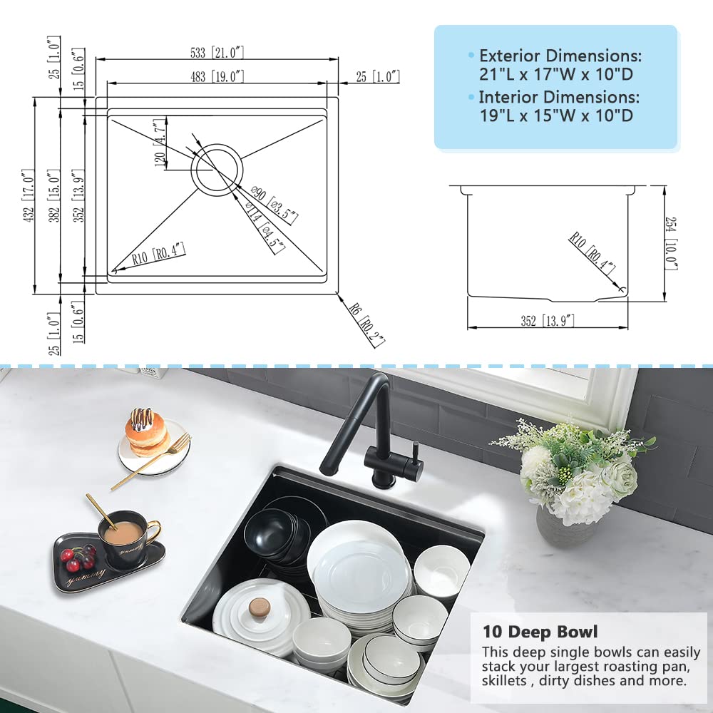 21 Black Bar Sink Undermount Workstation-Vasoyo 21X17 Gunmetal Black Stainless Steel Bar Prep Sink Undermount Kitchen Sink Outdo