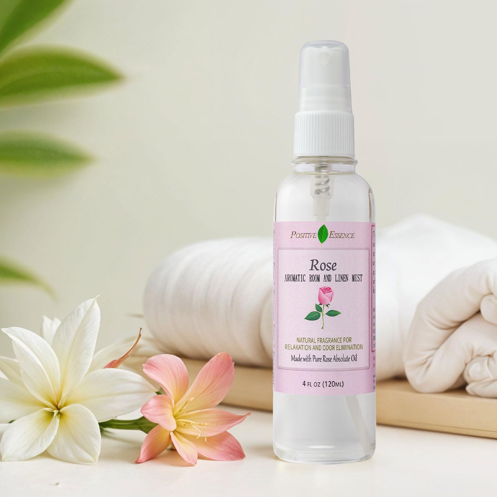 Positive Essence Rose Linen and Room Spray, 4 Fl Oz, Natural Pillow Spray with Pure Rose Essential Oils