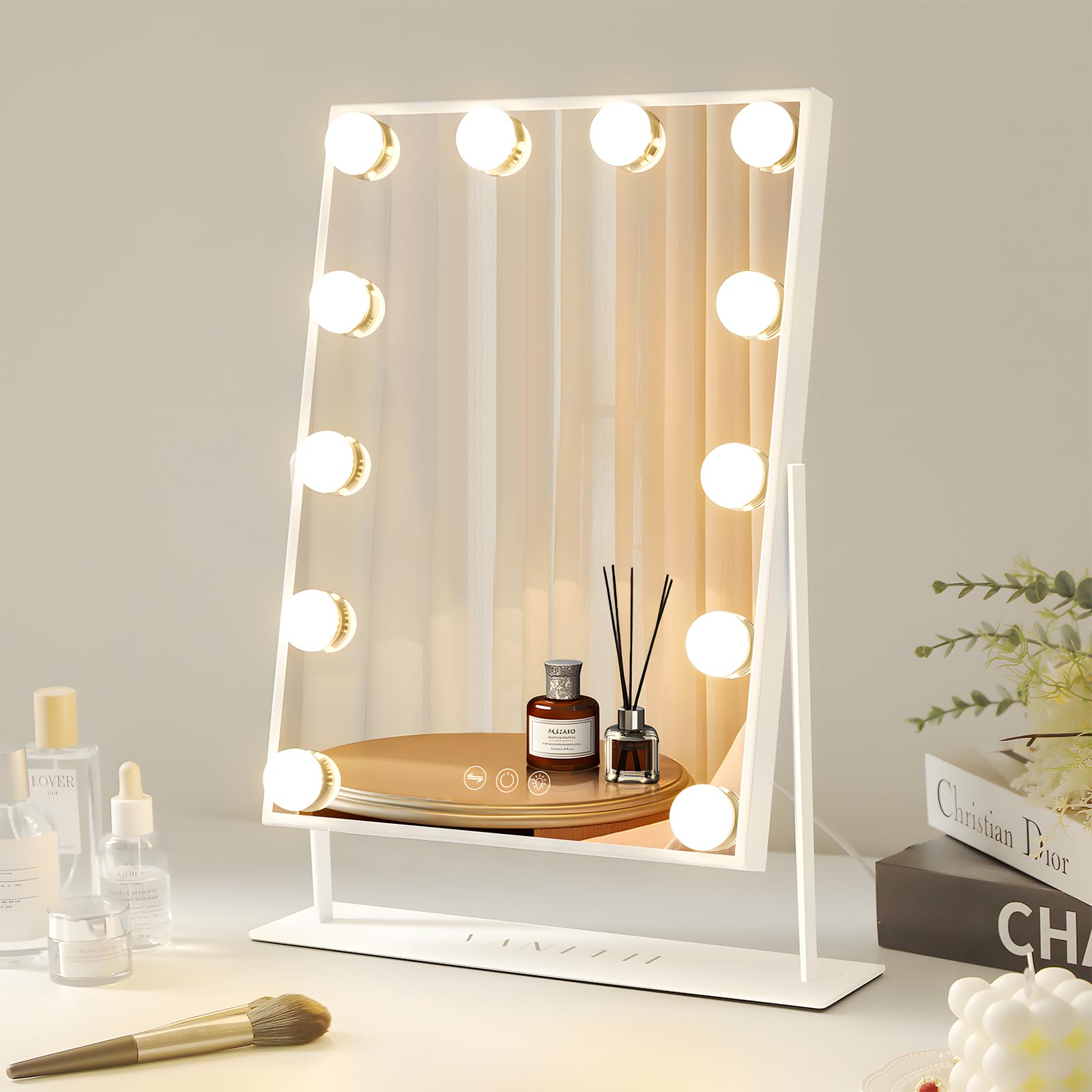 Vanitii Lighted Vanity Hollywood Mirror With Lights Makeup Mirror With 12 Dimmable Bulbs Smart Touch Control 3 Colors Light For