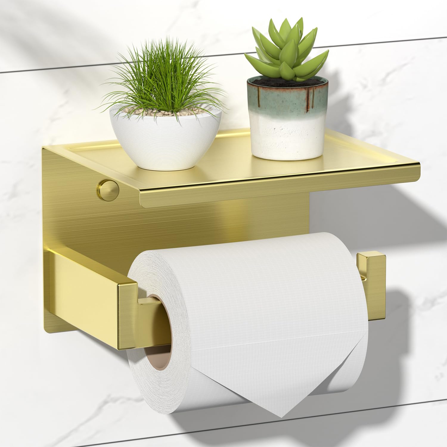 Hitslam Gold Toilet Paper Holder, Stick On Brushed Brass Toilet Paper Holder With Shelf, Self Adhesive No Drill Or Wall-Mount Wi