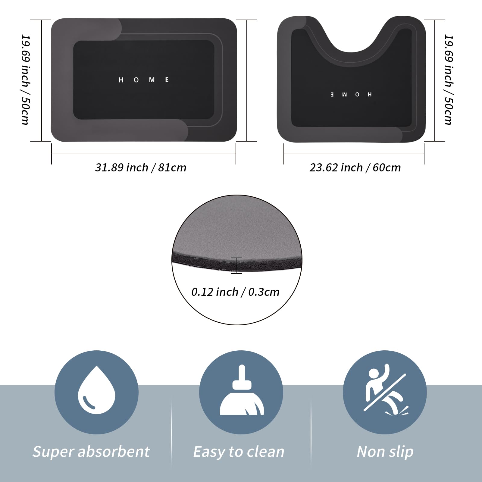 Housego 2Pcs Absorbent Bath Mat Magic Rug Sets, Quick Drying Bath Mat Non-Slip Floor Rug Rubber Backed For Bathroom Kitchen Show