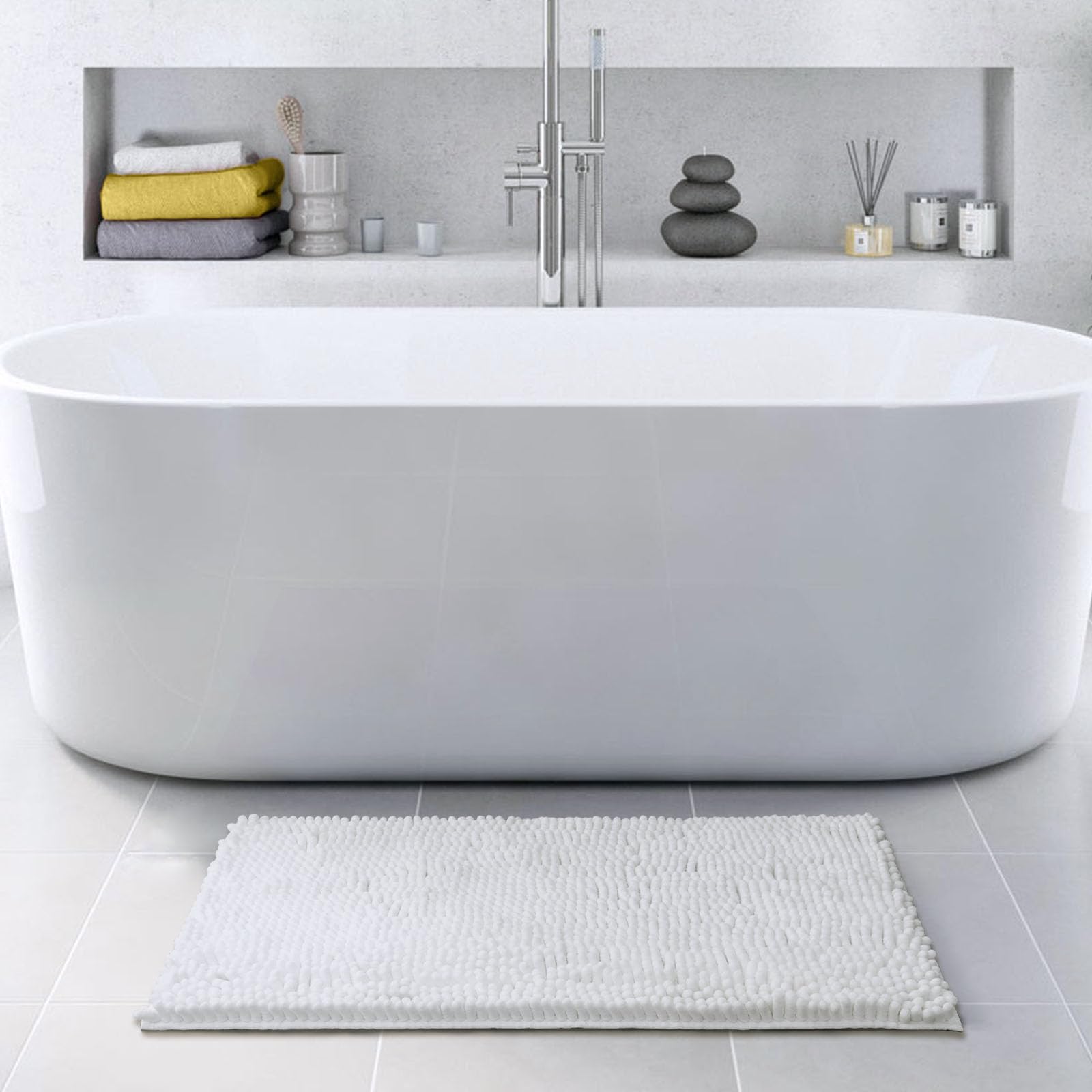FRESHMINT Chenille Bathroom Rugs Mat 32?x20?  Non-Slip Bath Mat for Bathroom Floor & Bathtub  Washable Soft Shower Shag Bath Rugs  Durable Fluffy Thick Water Absorbent Microfiber Shower Mat  White