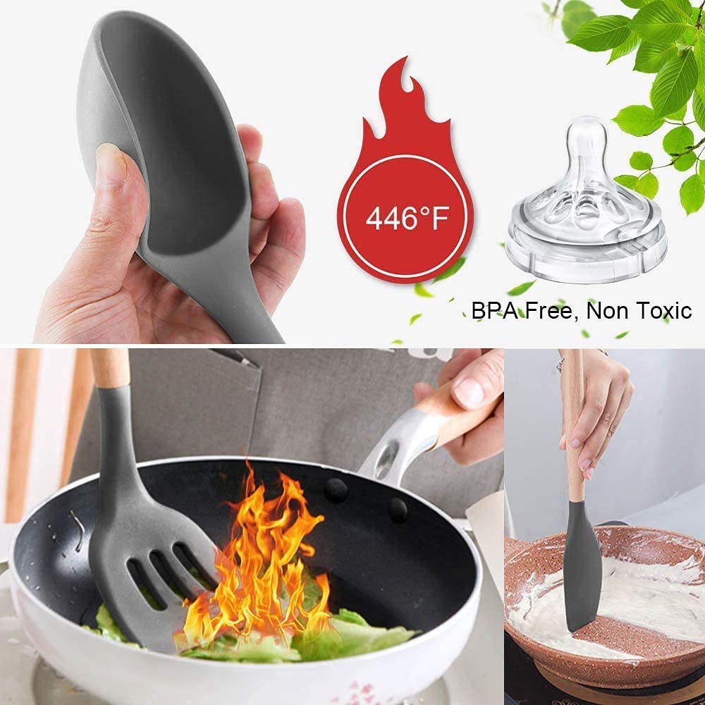 Cooking Utensils Silicone Kitchen Set - Heat Resistant Kitchen Tools Wooden Handle Spoons Kitchen Utensil Set With Holder Spatul
