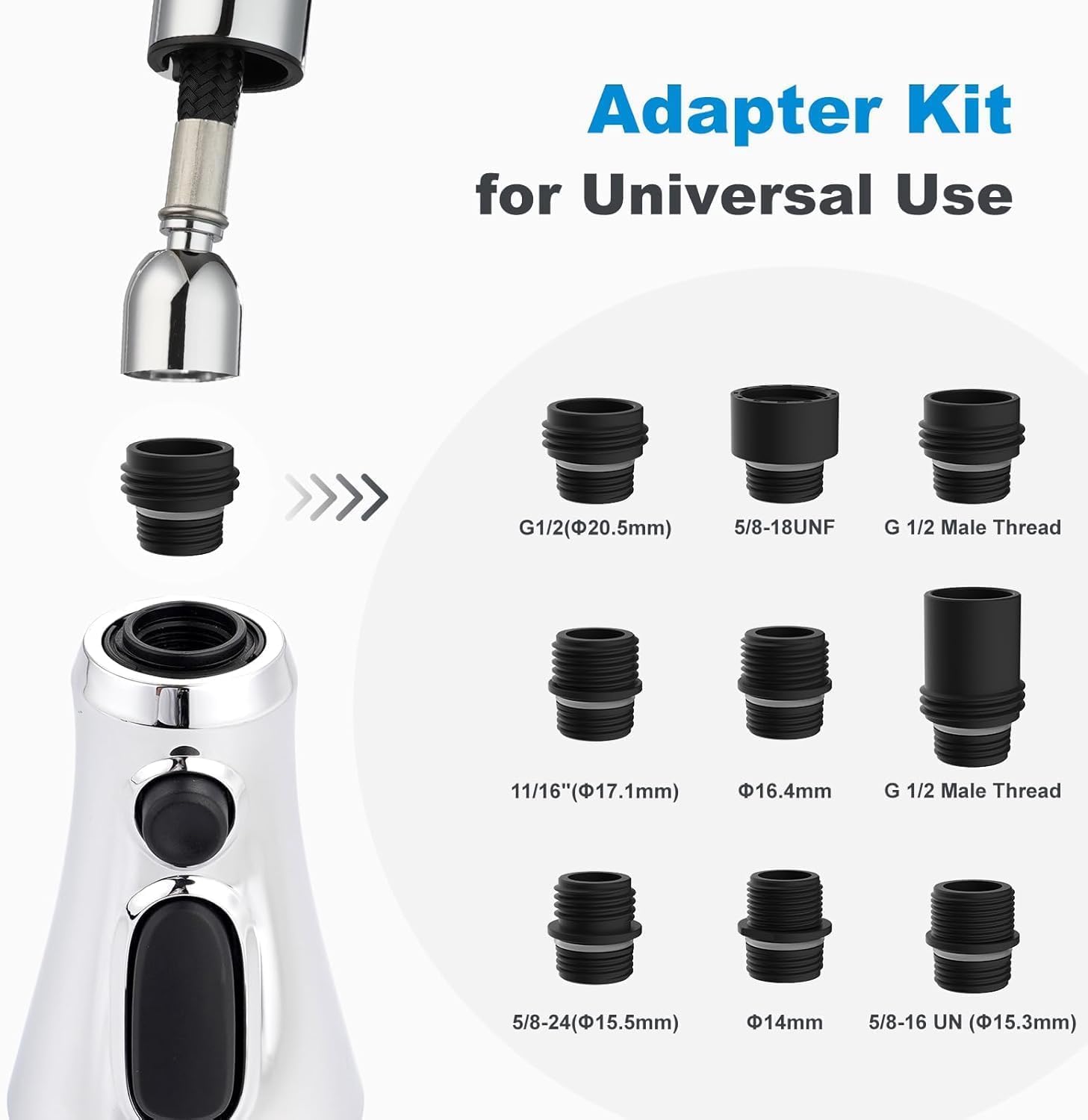 Hibbent Pull Down Spray Head for Kitchen Faucet  3-Function Kitchen Sink Spray Nozzle with 10 Adapters  Faucet Head Replacement Compatible with Moen  American Standard  Delta  Kohler Faucets  Chrome