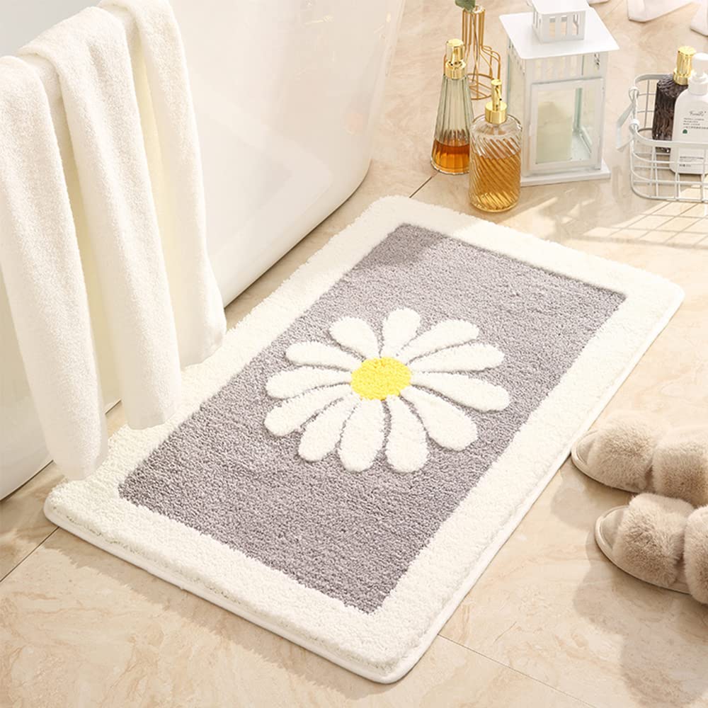 Hi Space Bath Mat For Bathroom Non-Slip 30X20 Cute White Flower Bathroom Rug Soft Absorbent Microfiber Bath Rugs Daisy Bath Mat