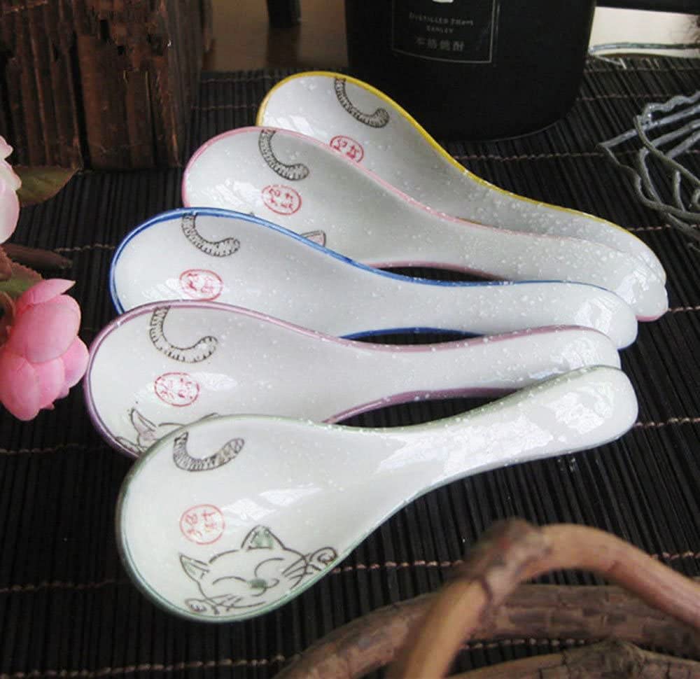 Mozacona 5Pcs Ceramic Soup Spoons Lucky Cat Hand Painted Dessert Spoons