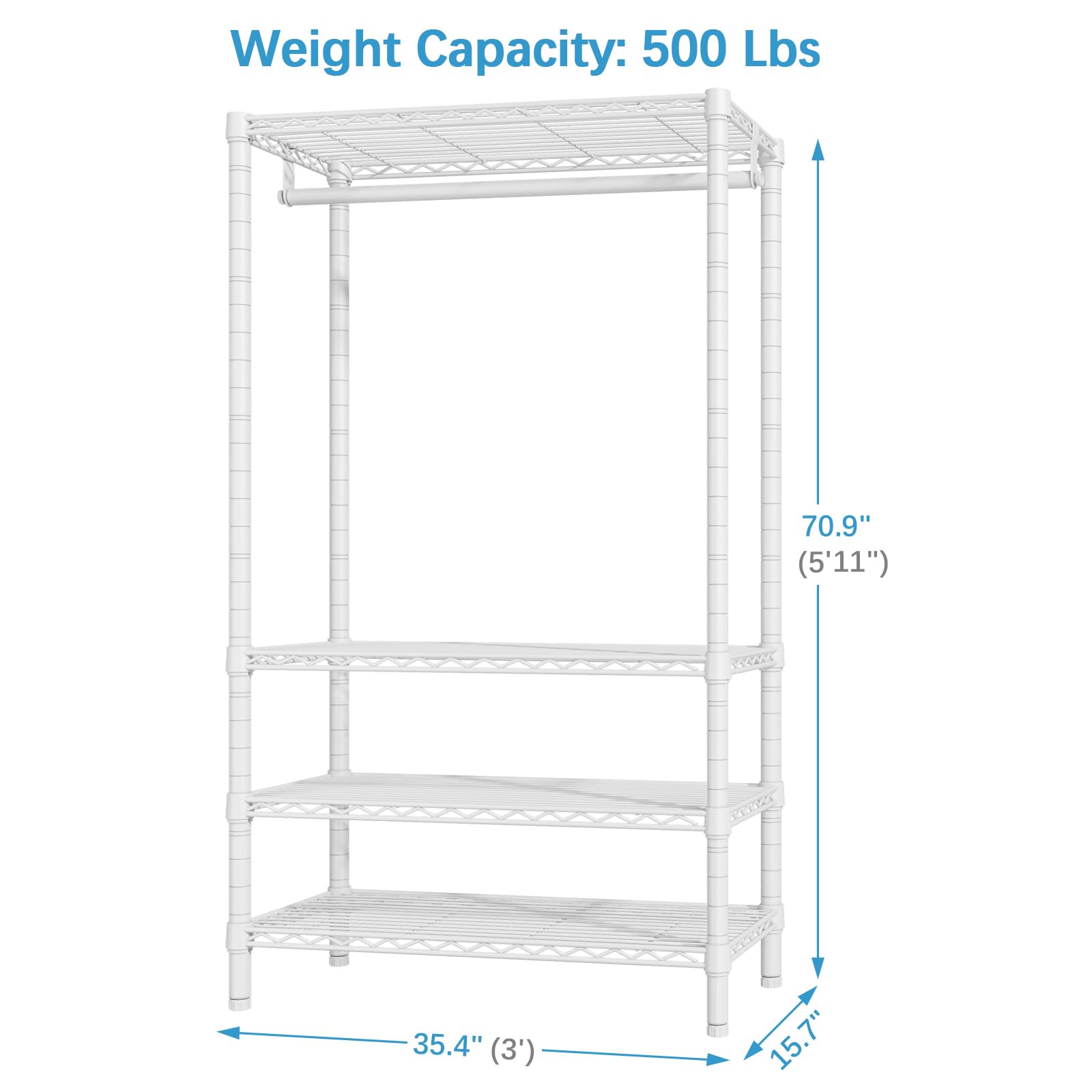VIPEK V1S Wire Garment Rack 4 Tiers Heavy Duty Clothes Rack for Hanging Clothes Freestanding Closet Clothing Rack with 4 Adjustable Shelves  35.4 '' L X 15.7 '' W X 70.9 '' H  Max Load 500LBS  White