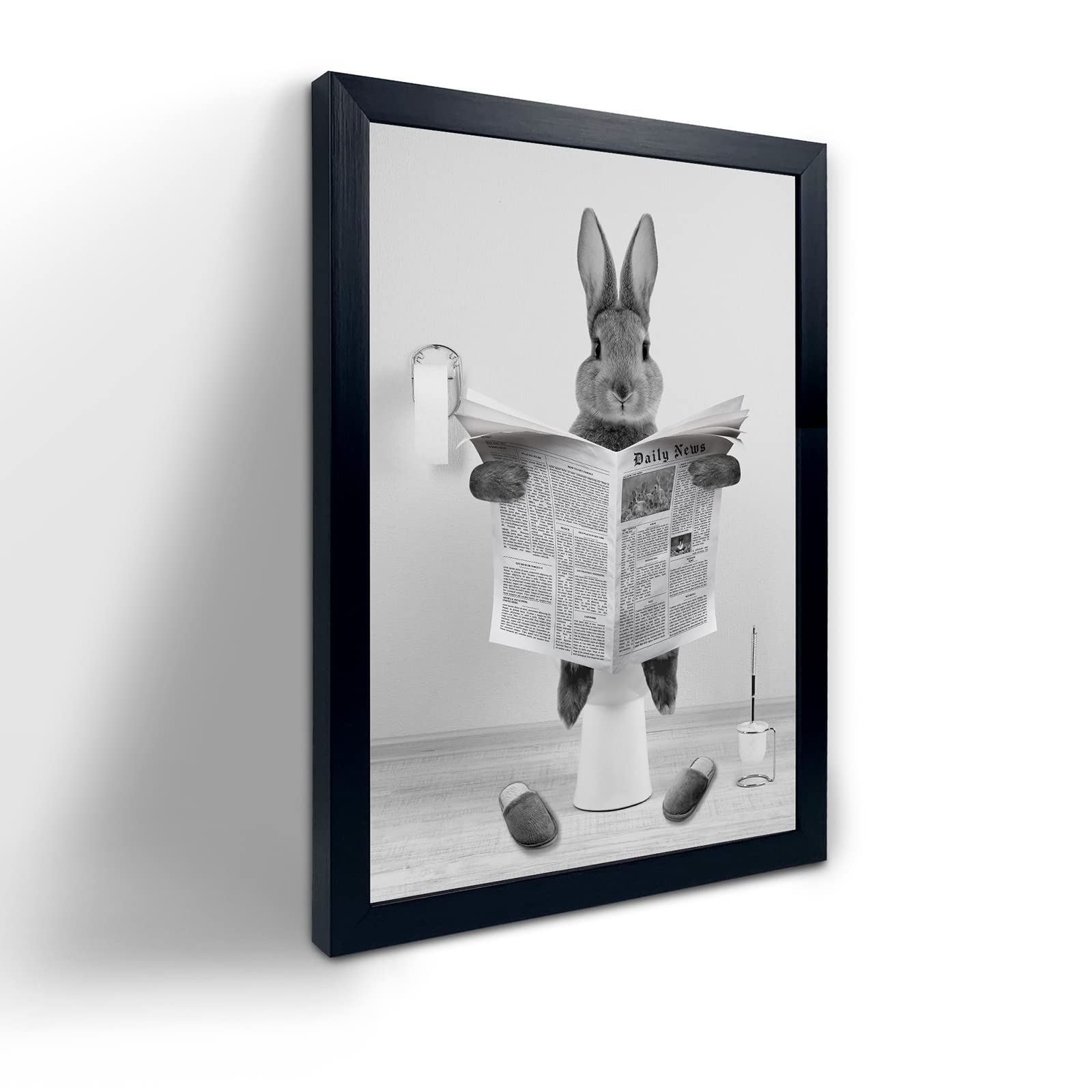 Yongart Black Framed Poster, Cute Rabbit Bathroom Wall Art, Farmhouse Style Animals Bathroom Wall Decor, Black And White Canvas