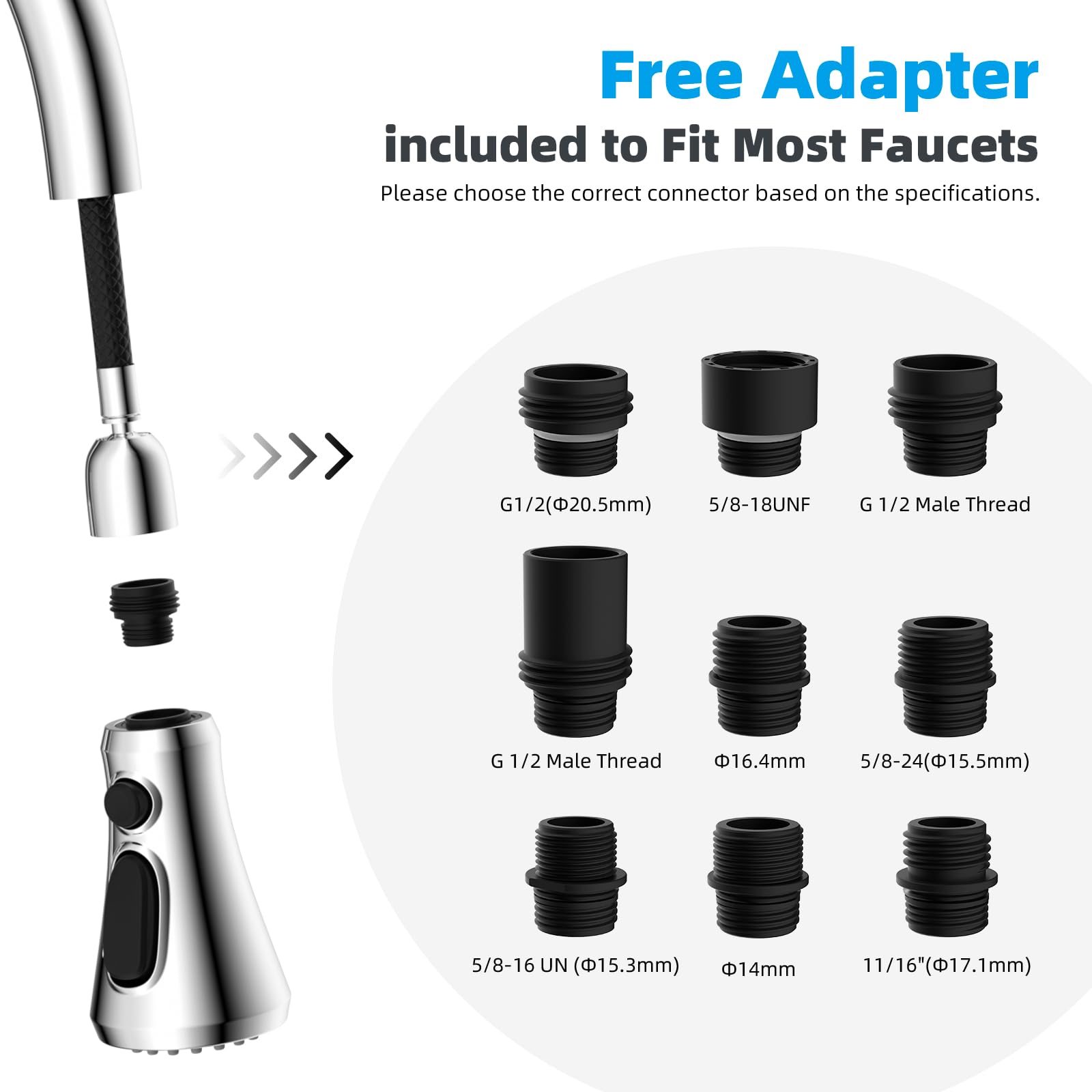 Hibbent Pull Down Kitchen Faucet Head Replacement  3-Function Kitchen Faucet Head Sink Spray Nozzle with 10 Adapters Compatible with Moen  American Standard  Delta  Kohler Faucets  Chrome