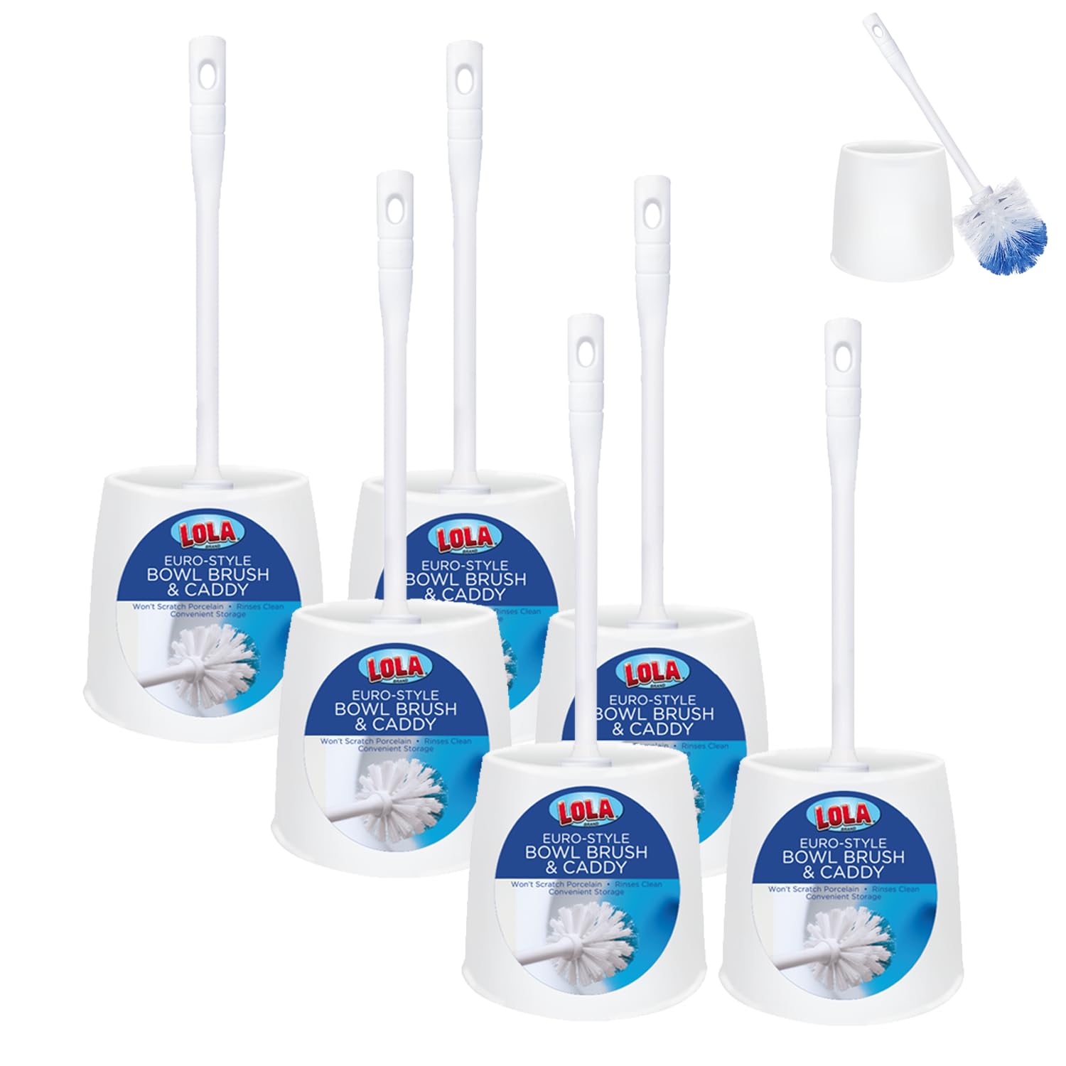 Toilet Brush and Holder Set, by LOLA, 6 Pack, Classic Version, Durable Bristles for Deep Cleaning, w/Compact Space Saving Storag