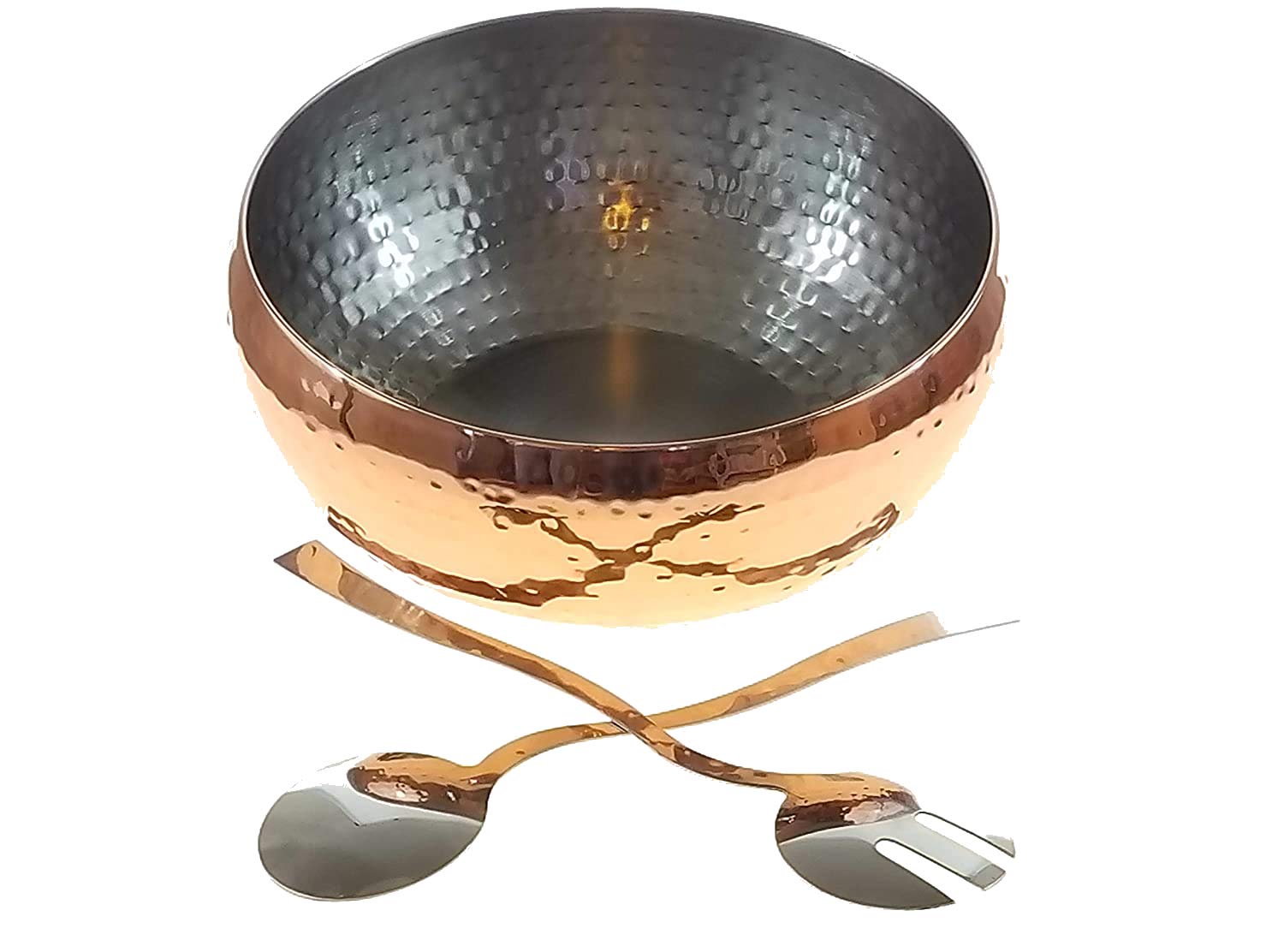 3Pc Copper Accented Hammered Salad Bowl With 2 Serving Utensils - Complete With Matching Oversized Spoon And Fork - Use As A Sal