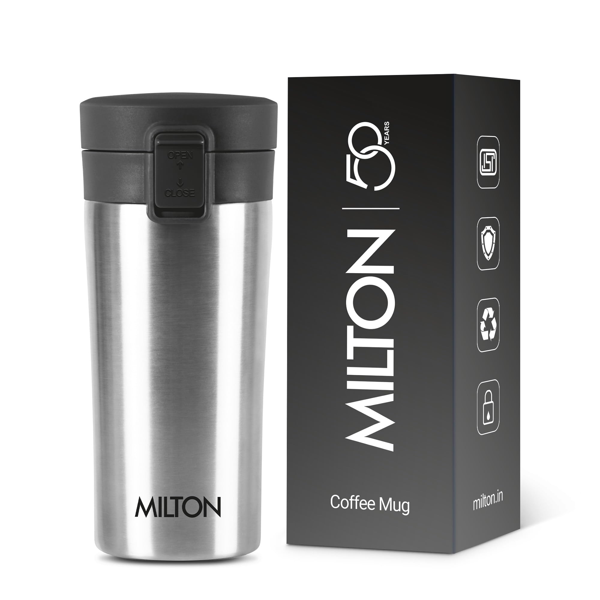 Milton Thermosteel Vacuum Insulated Travel Coffee Mug, 350Ml, Silver, Prolonged Hours Hot & Cold, Isi Certified, Spill Proof & E