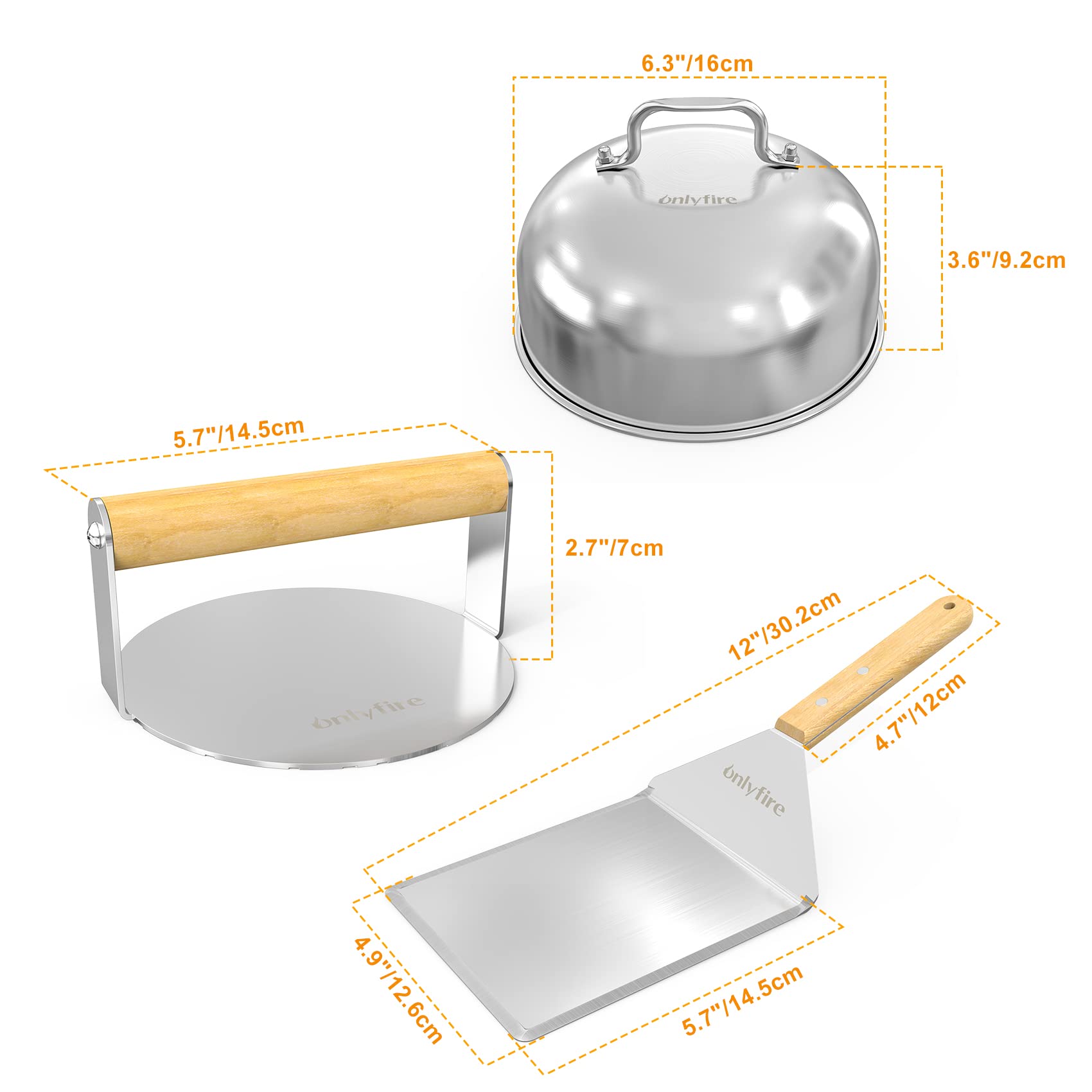 Only Fire Griddle Accessories Kit,4 Pcs,Cheese Melting Dome & Burger Press Kit,6 Inch Basting Cover With Burger Smasher & Grill