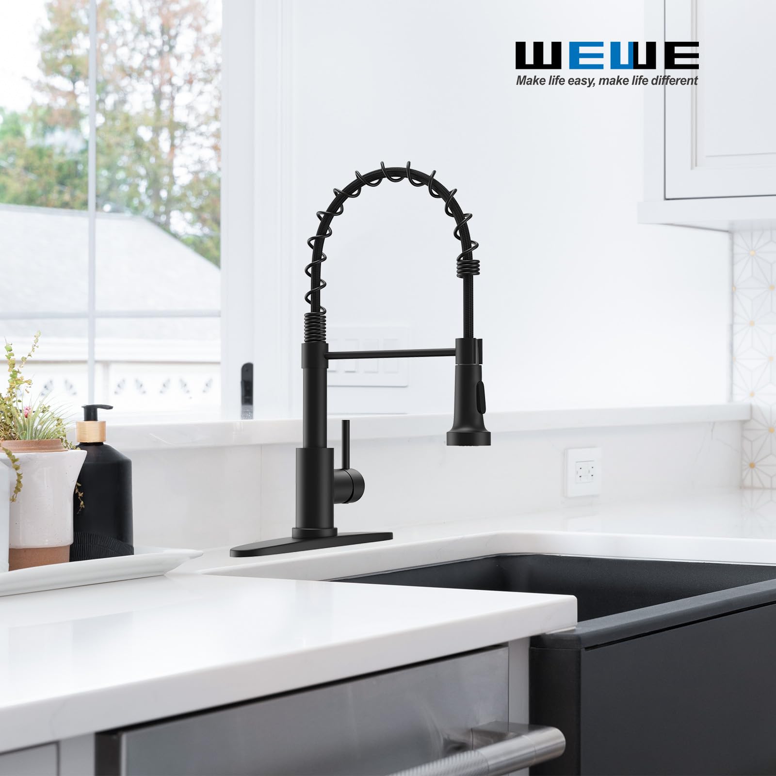 WEWE Kitchen Faucets with Pull Down Sprayer Commercial Industrial Stainless Steel Single Handle Single Hole Spring Farmhouse RV Sink Faucet  Matte Black