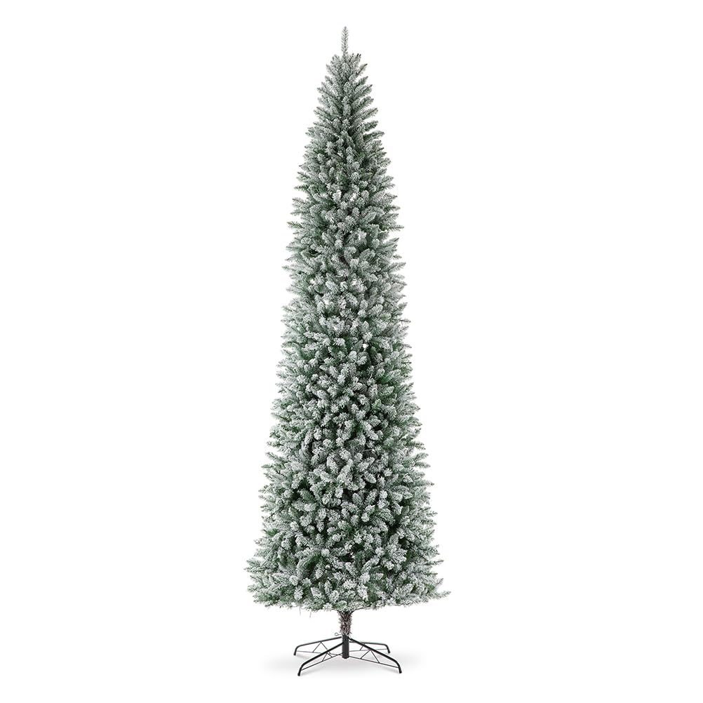 Glitzhome 11ft Prelit Artificial Christmas Tree, Snowy Splendor Fir Hinged Pencil Christmas Tree Holiday Decoration with 950 War