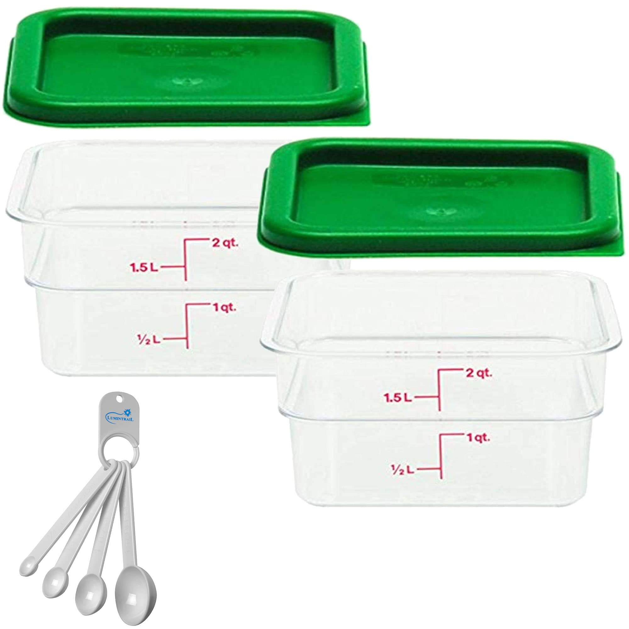 Lumintrail Cambro Polycarbonate Square 2 Quart Food Storage Container, 2 Pack Clear, With 2 Kelly Green Lids, Bundle With A Meas