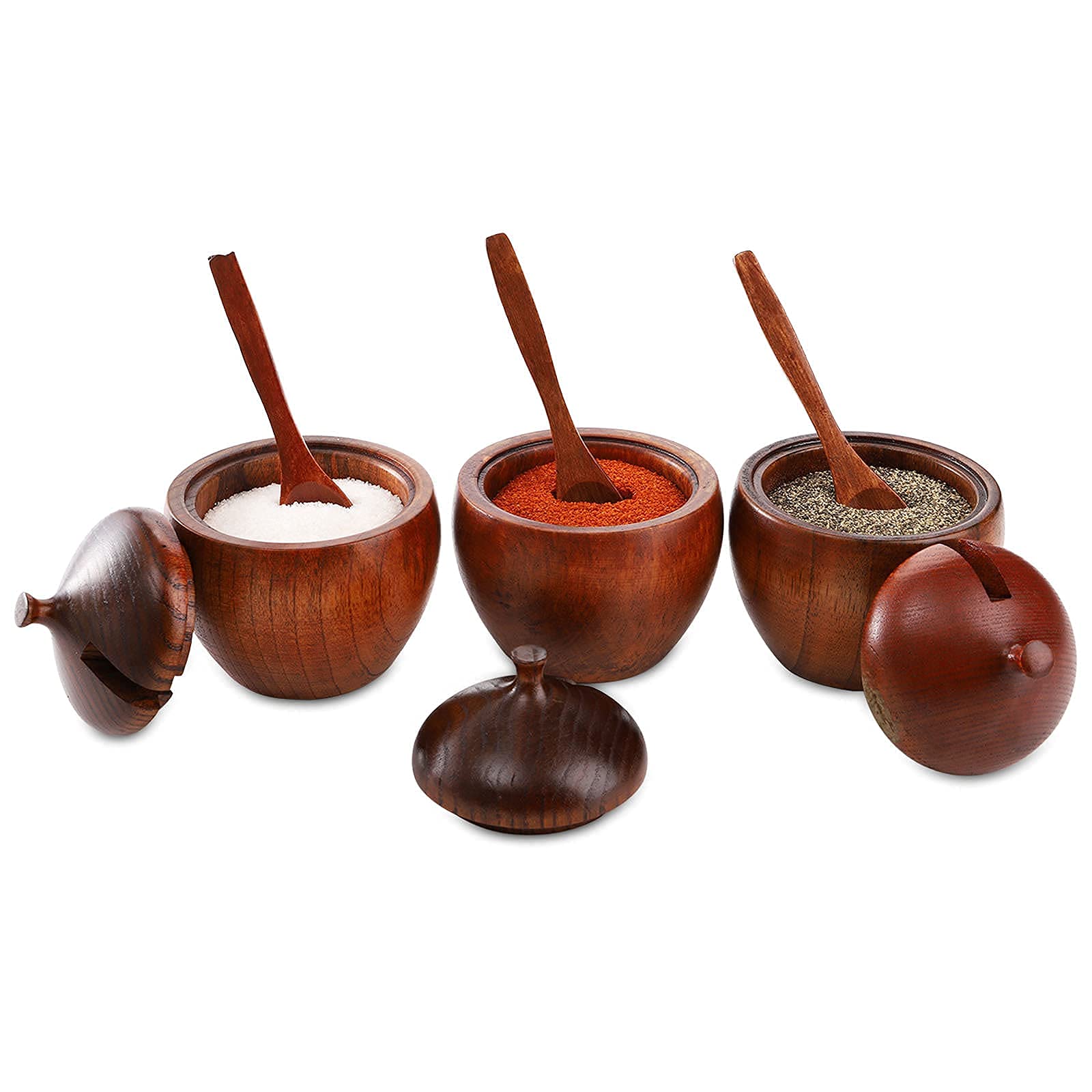 Deayou 3 Pack Wood Salt Box Spice Jar, Natural Wooden Salt Cellar With Lid And Spoon, Sugar Bowl Pepper Seasoning Container Hold