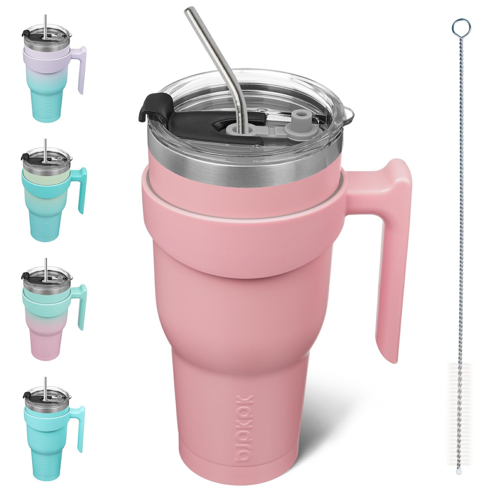 Bjpkpk 40 Oz Tumbler With Handle And Straw Stainless Steel Insulated Tumbler With Lid Reusable Metal Coffee Cups,Light Pink
