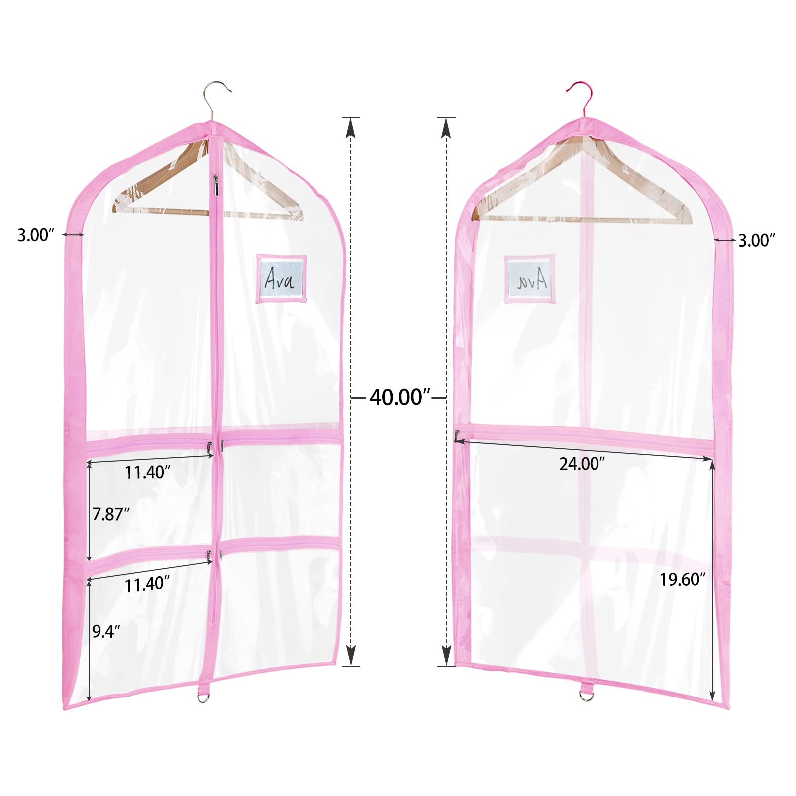 Univivi Clear Pink Pvc Dance Costume Bags (3 Pack) Garment Bag 40 Inch For Dance Competitions, With 4 Medium Clear Zipper Pocket