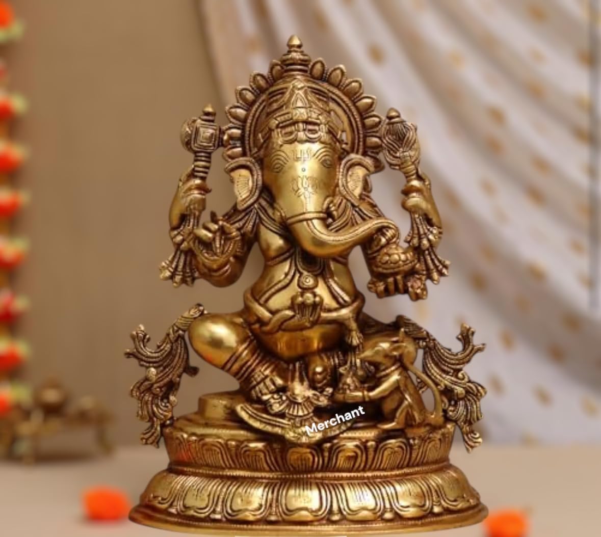 Iyi Merchant Brass Ganesh Statue | Ganpati Sitting On Lotus Base | Golden Ganesha | Fine Work Ganpati Murti For Home Dcor, Templ
