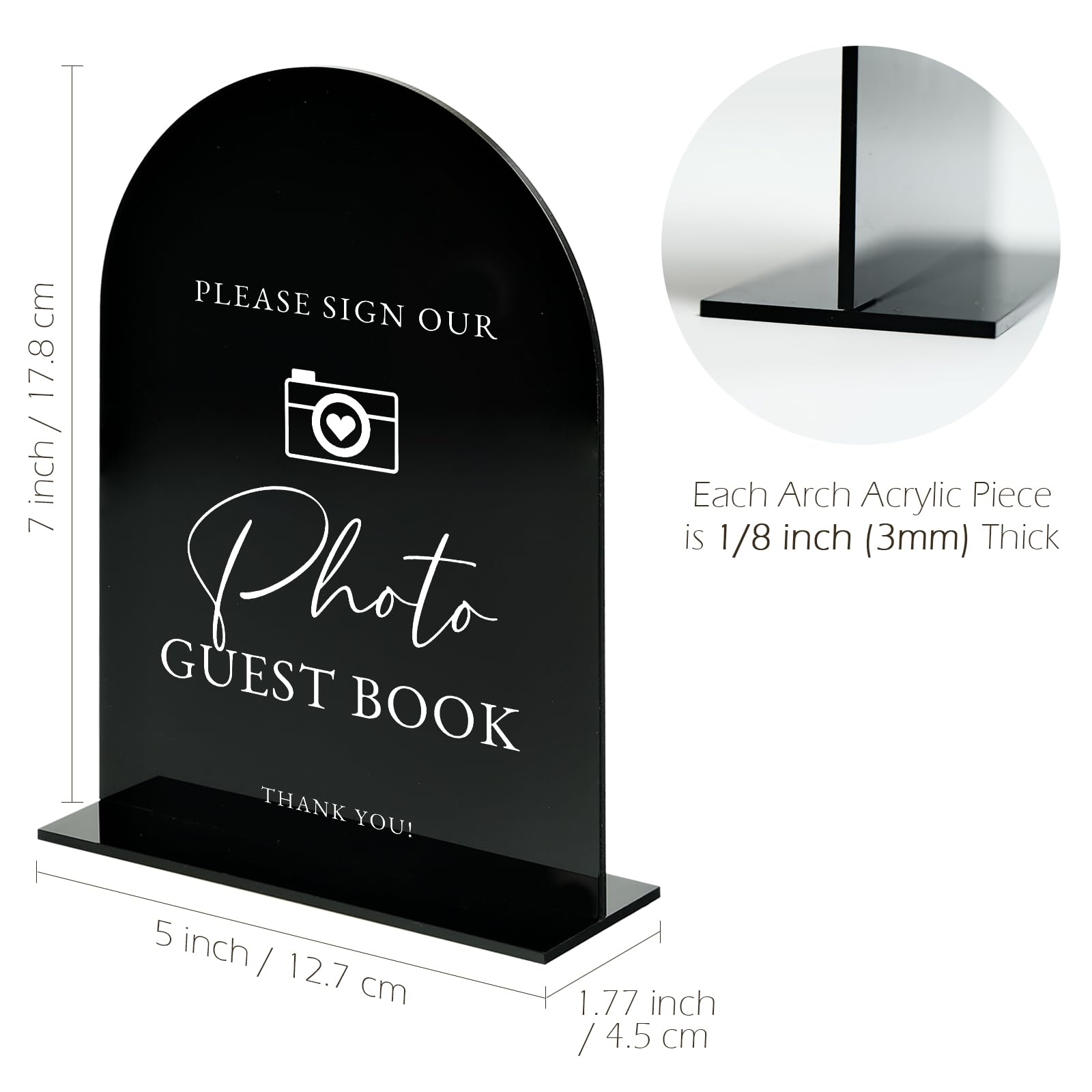 Acrylic Photo Guestbook Sign with Stand- 5x7 Black Arched Wedding Signs and Base,1/8 Thick | Modern Calligraphy White Lettering