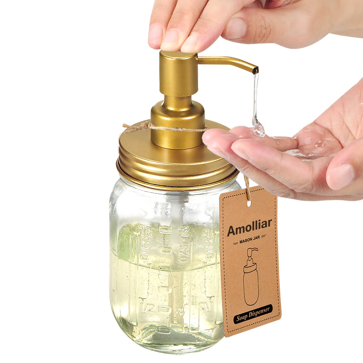 Amolliar Mason Jar Liquid Soap Dispenser -Rustproof Stainless Steel Farmhouse Decor for Bathroom Vanities Kitchen Sink/ Liquid Soap Pumps for Hand Soap Dish Soap Lotions/Golden -2 Pack