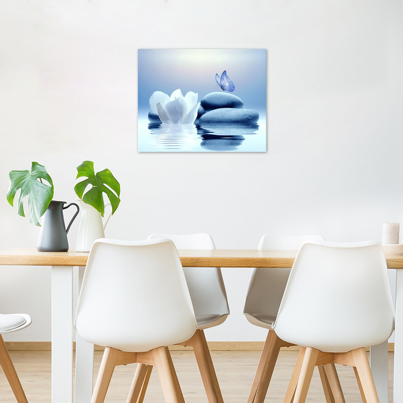 Eobtain Zen Water Lily Canvas Wall Art White Floral And Blue Butterfly On Stone Bedroom Wall Decor Modern Spiritual Yoga Spa Pai
