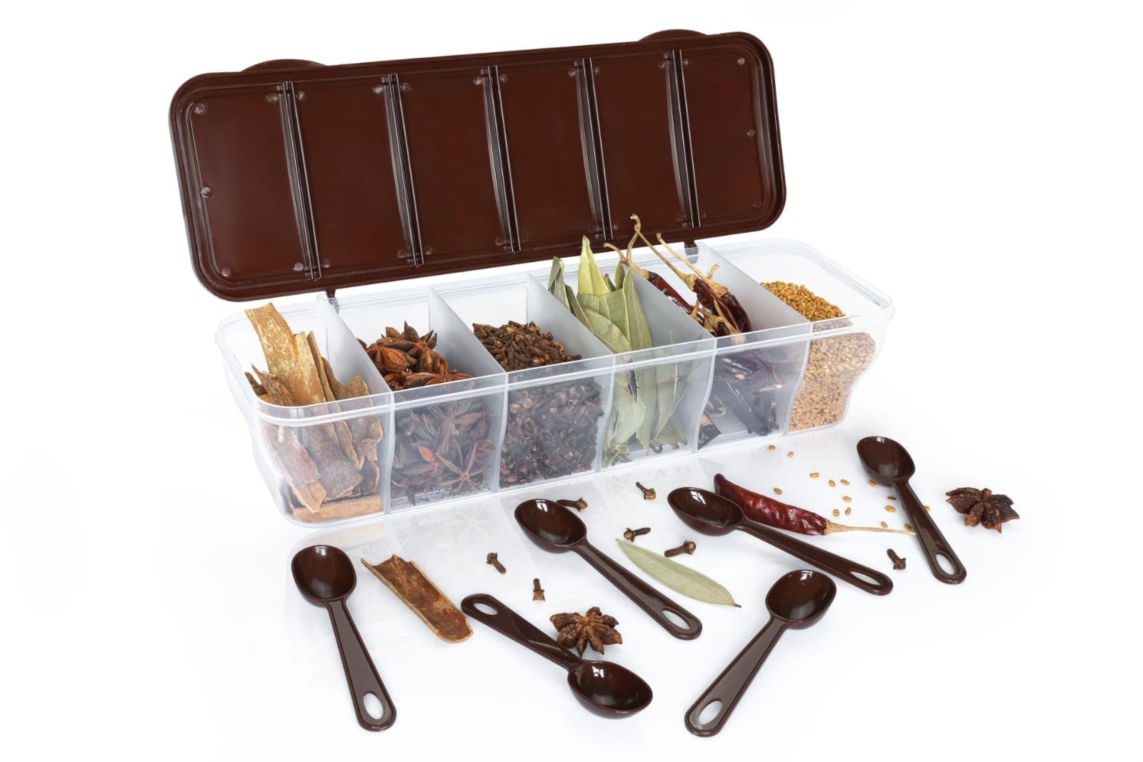 Kitchen Spice Organizer Box with 6 Compartments | Multipurpose Masala Container with Lid & Measuring Spoons