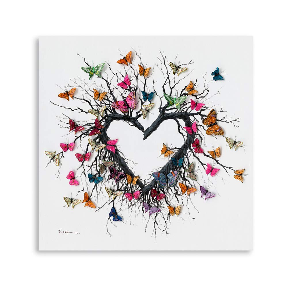 Yidepot Butterfly Canvas Print Wall Art For Bedroom: Heart Shaped Branches Surrounded By Colorful Butterflies Love Themed Pictur