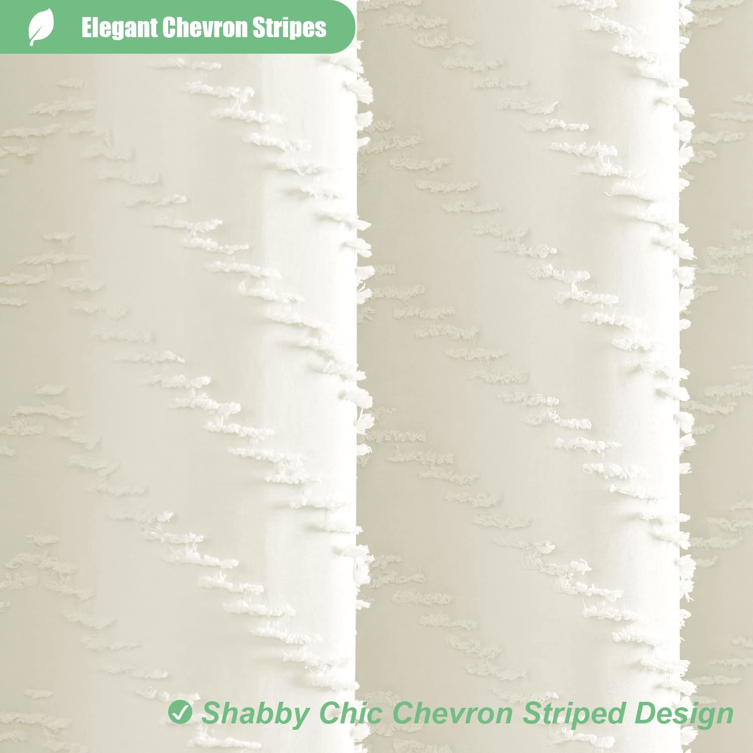 Dynamene Boho Farmhouse Shower Curtain, Cream Fabric Tufted Chevron Striped Textured Tassel Shower Curtains For Bathroom, Water