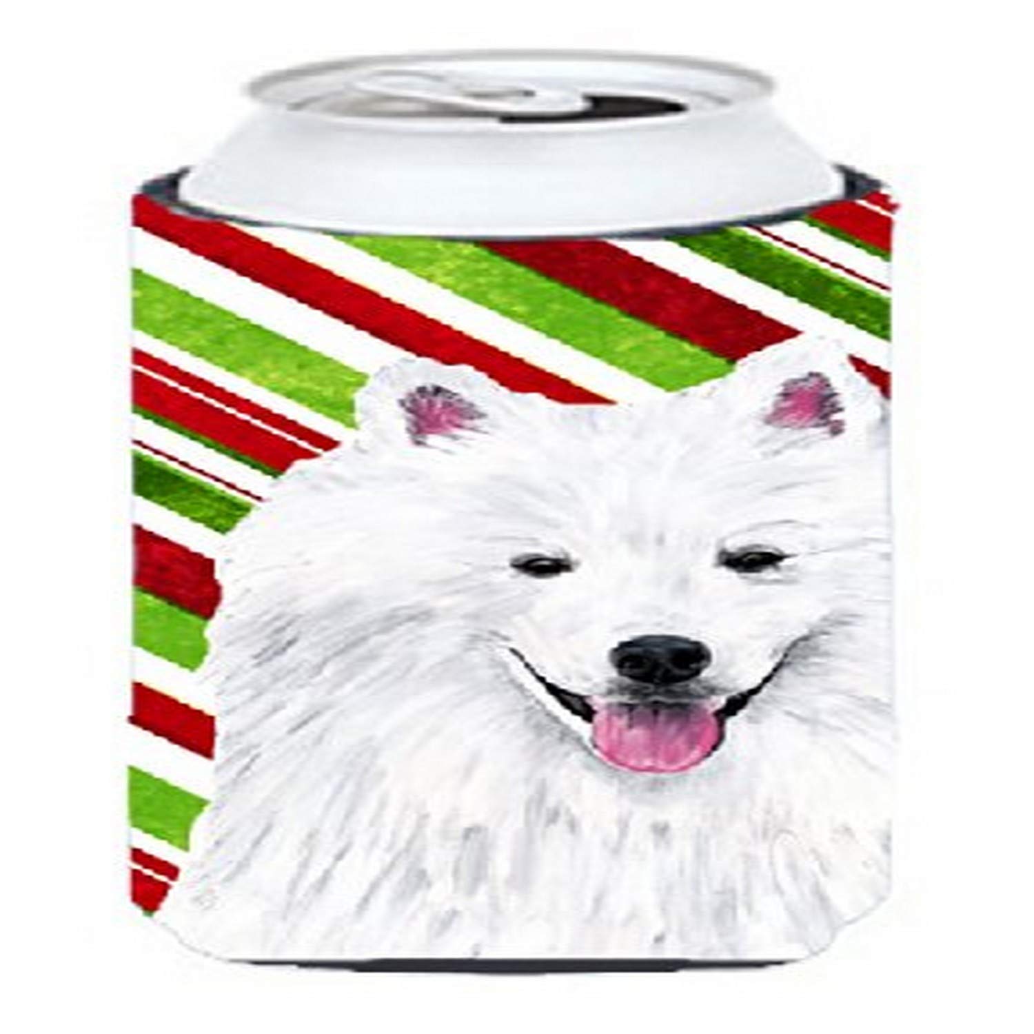 American Eskimo Candy Cane Holiday Christmas  Tall Boy Beverage Insulator Beverage Insulator Hugger