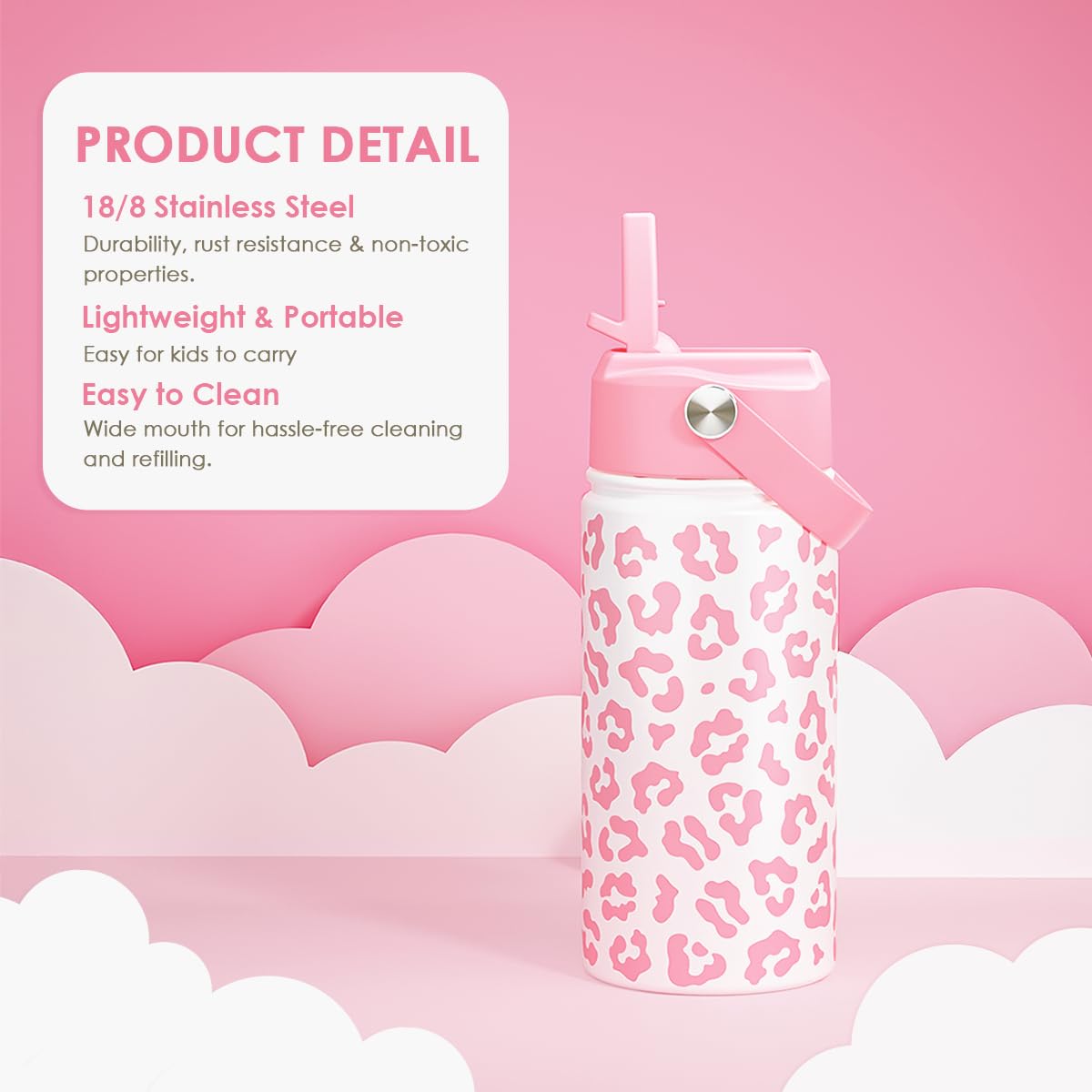 Pink Leopard Print Kids Water Bottle With Straw Lid 12oz Insulated Stainless Steel, Travel Tumbler, Gifts For Girls, Birthday, C