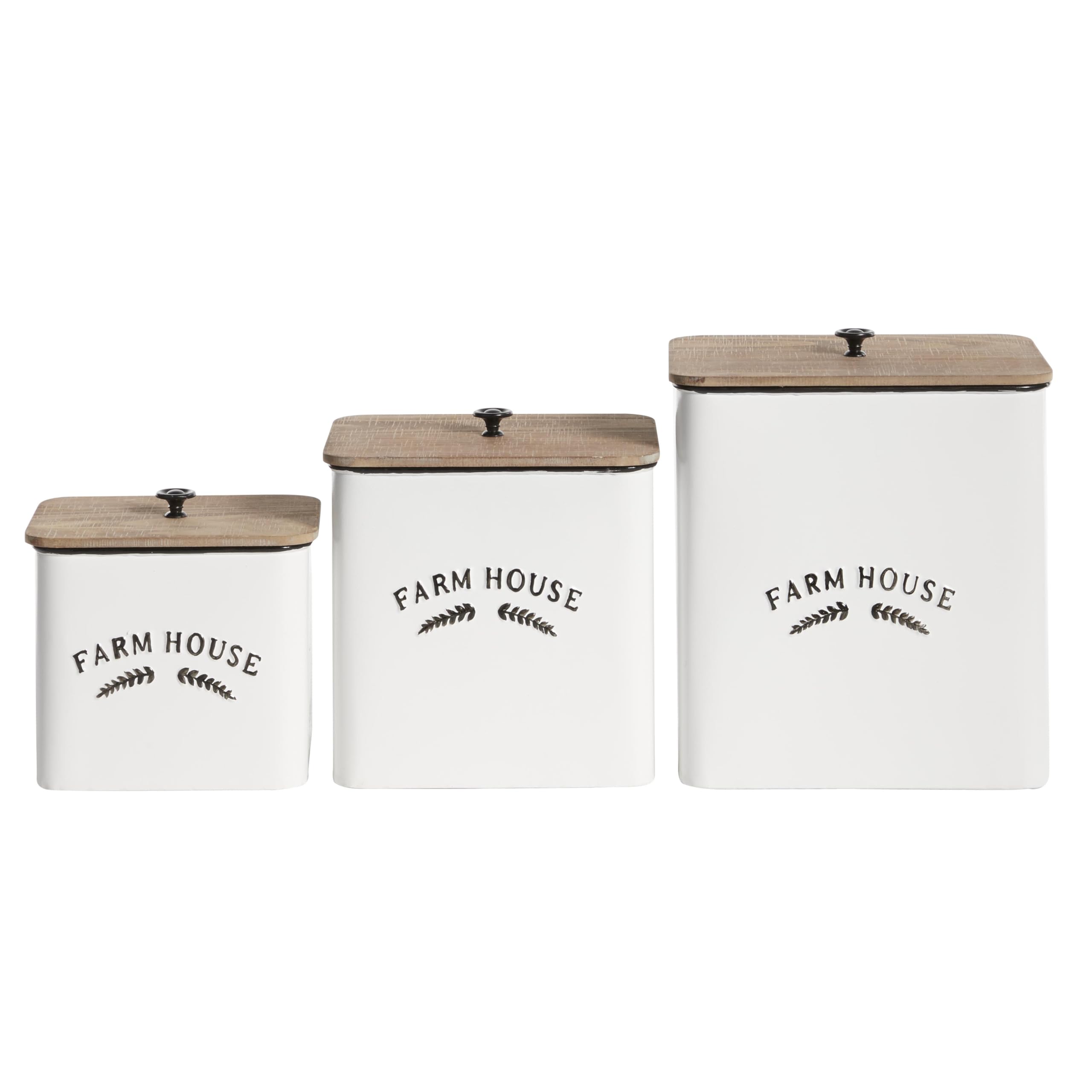 Deco 79 Metal Decorative Canisters Farm House Decorative Containers With Wood Lids And Black Accents, Set Of 3 Decorative Keepsa