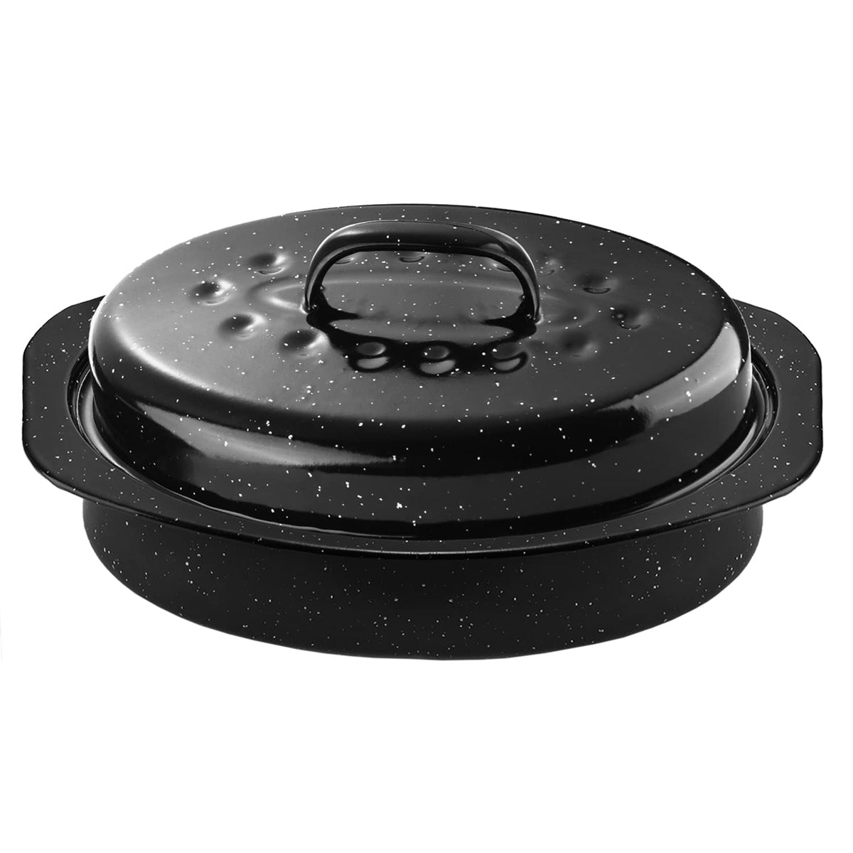 Dimeshy 13Inch Roasting Pan, Enamel On Steel, Black Covered Oval Roaster Pan With Lid, Small Cookware For Turkey, Small Chicken,