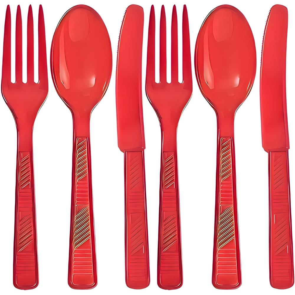 Disposable Plastic Cutlery Set  Red  Pack of 48