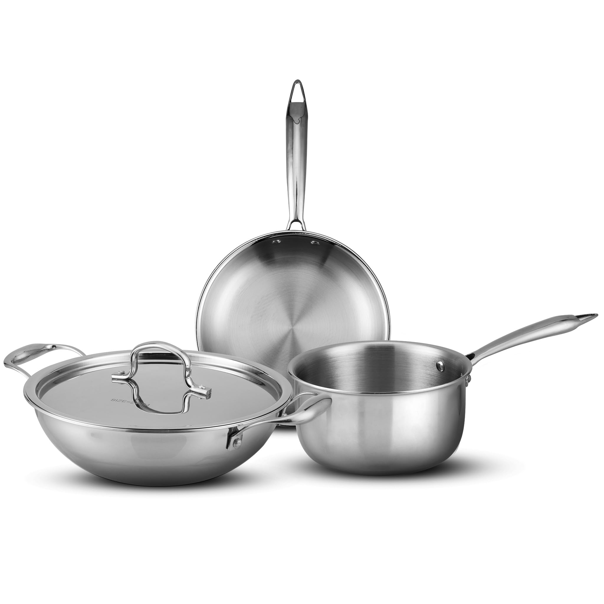 Agaro Regency Triply Cookware Set Of 3, 24 Cm Kadai With Stainless Steel Lid, 22 Cm Frying Pan & 16 Cm Saucepan, 2.5 Mm Thick Bo