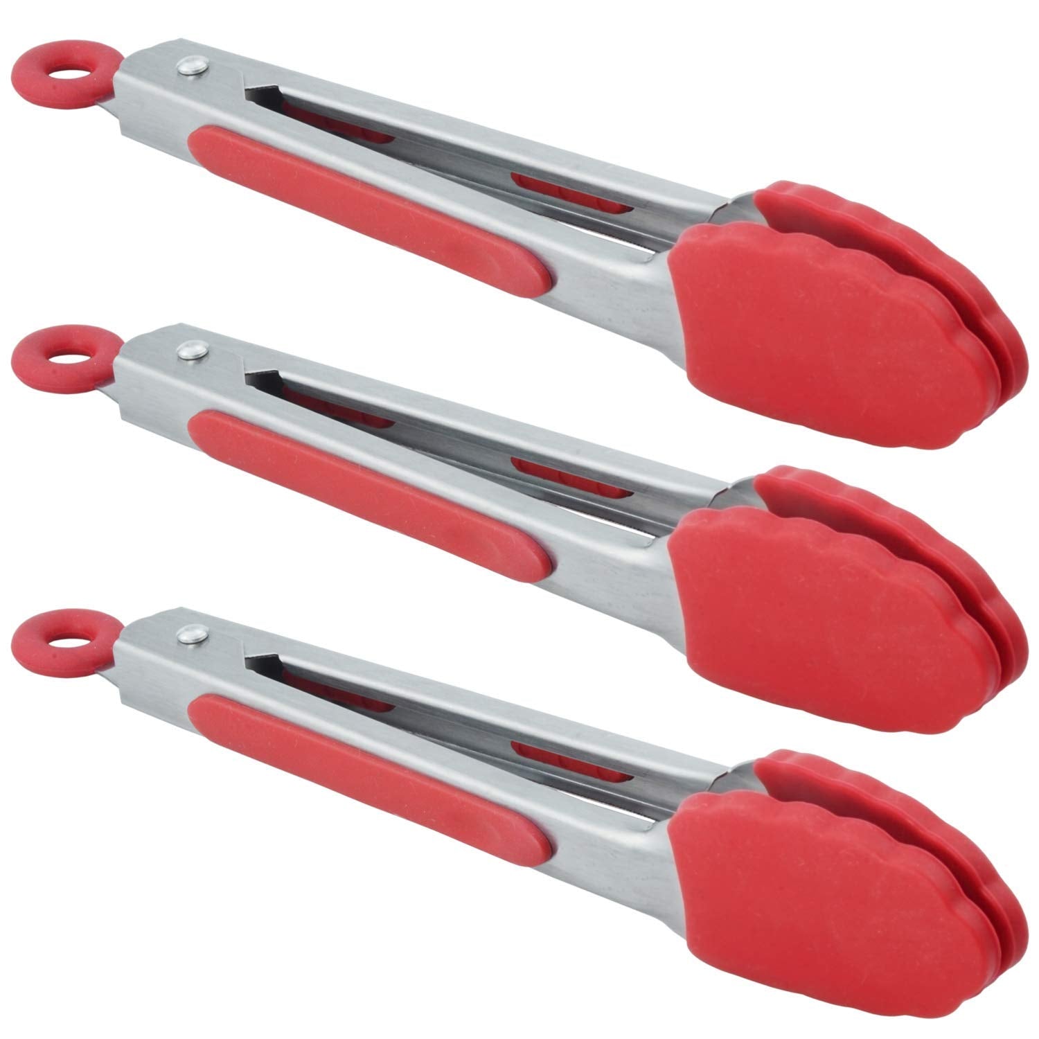 Hinmay Mini Serving Tongs With Silicone Tips 7-Inch Small Tongs, Set Of 3 (Red)