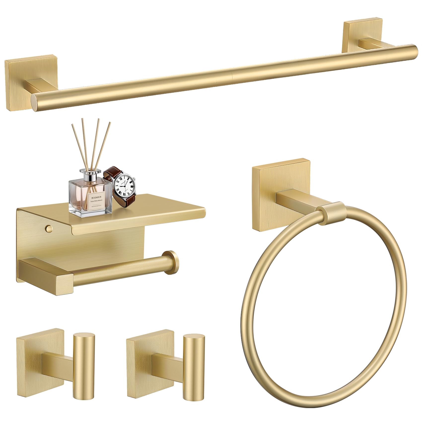 TURS 5-Pieces Brushed Gold Bathroom Hardware Set 23.6 Inch SUS304 Stainless Steel Towel Bar Set Wall Mounted Square Toilet Paper